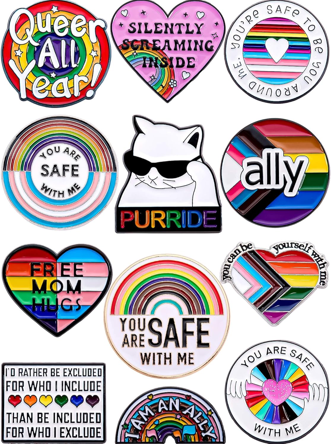 12-Pack LGBTQ+ Enamel Pins Set – Ally and Safe Space Pride Pins with Rainbow and Quote Designs – Collectible Metal Lapel Pins for Backpacks, Bags, Jackets, Gifts