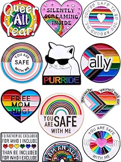 12-Pack LGBTQ+ Enamel Pins Set – Ally and Safe Space Pride Pins with Rainbow and Quote Designs – Collectible Metal Lapel Pins for Backpacks, Bags, Jackets, Gifts