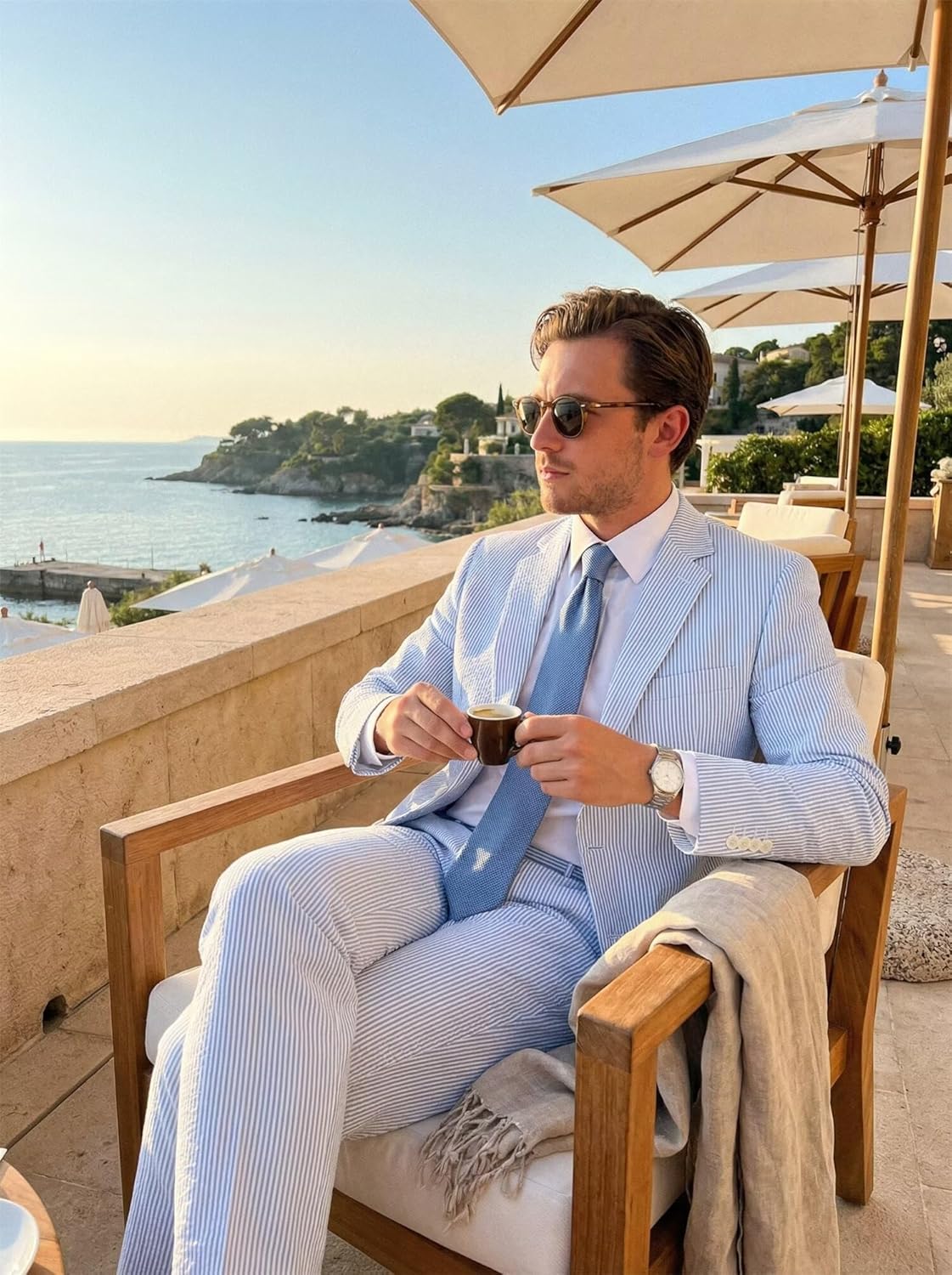 Wehilion Mens Seersucker Suits 2 Piece Casual Summer Beach Men Suits Wedding Grooms Jacket Pants Striped Suit Set - Image 3