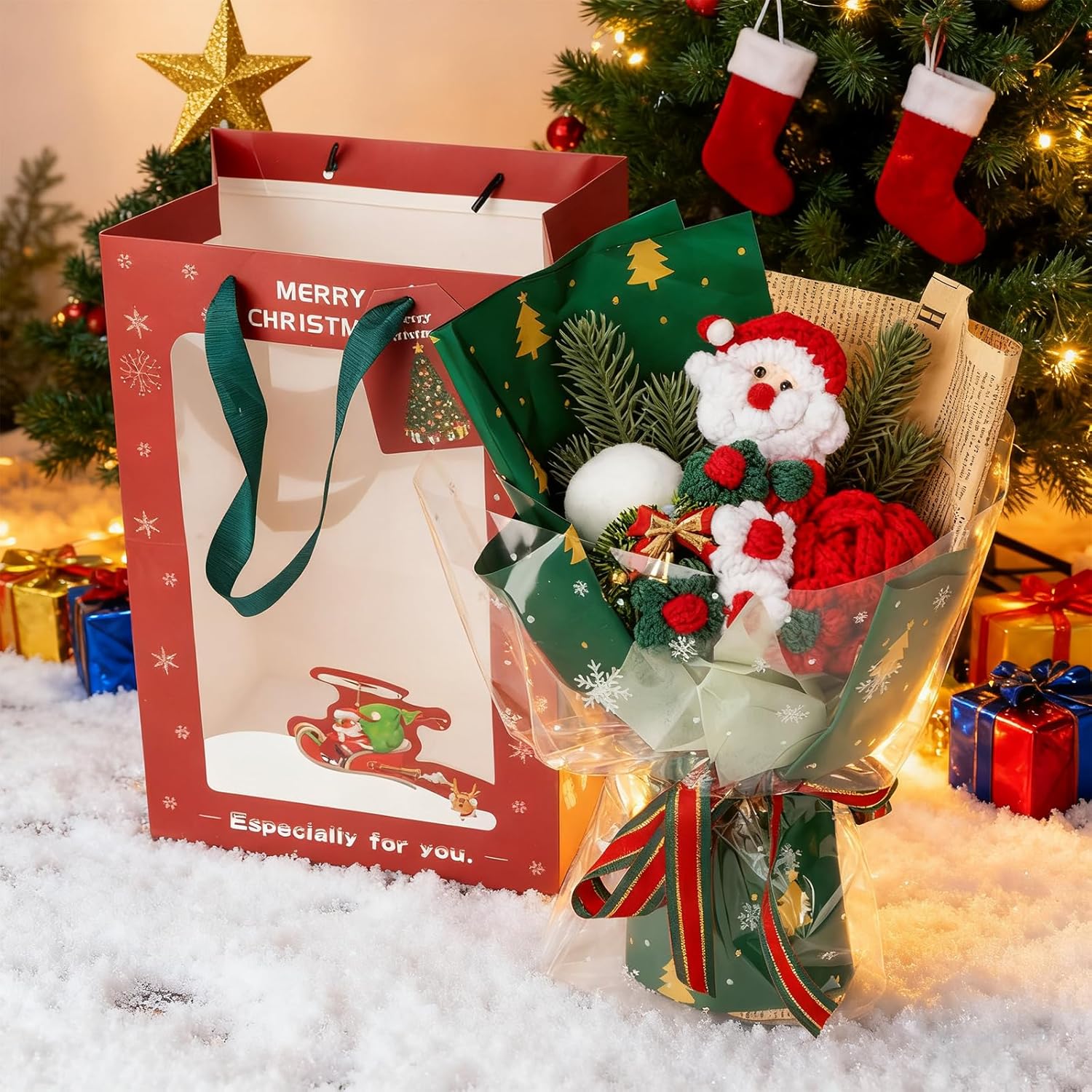 Christmas Knitted Flower Bouquet Handmade Christmas Crochet Flower Bouquet with Red Bag for Xmas Tree Table Centerpiece Birthday Wedding Decor