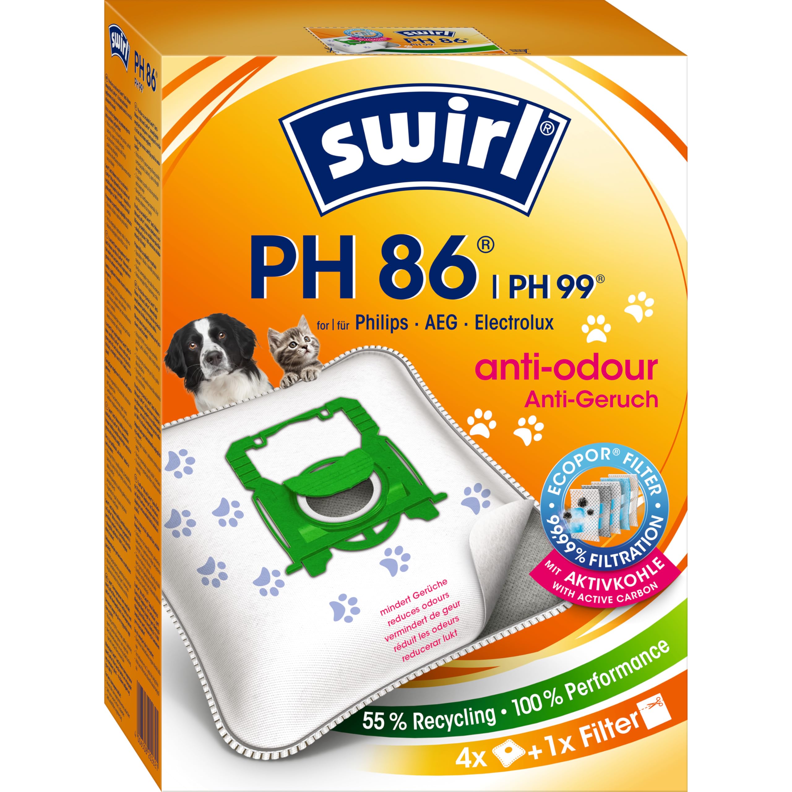 Swirl PH 86 EcoPor Anti-Odour Vacuum Cleaner Bags (4 Bags), Tear-Resistant Dust Bags for Some AEG, Dirt Devil, Electrolux & Philips Vacuum Cleaners, with Odour Filter, 99.9% Filtering of House Dust