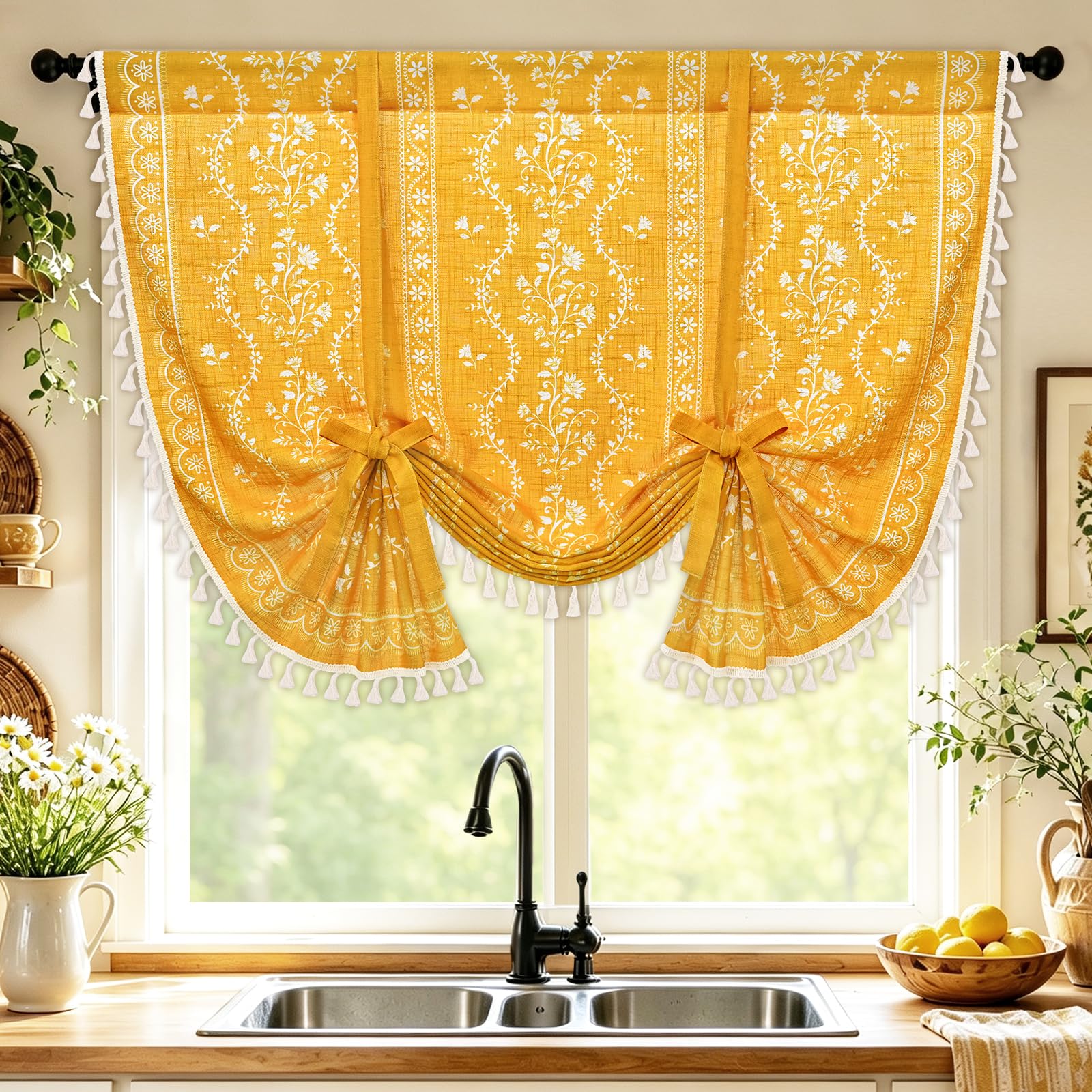 Yinhua Boho Tie Up Curtains for Windows Vintage Linen Valance Light Filtering Floral Valance Rod Pocket Rustic Adjustable Tassel Window Valances for Bathroom, 42" W X 45" L, Yellow