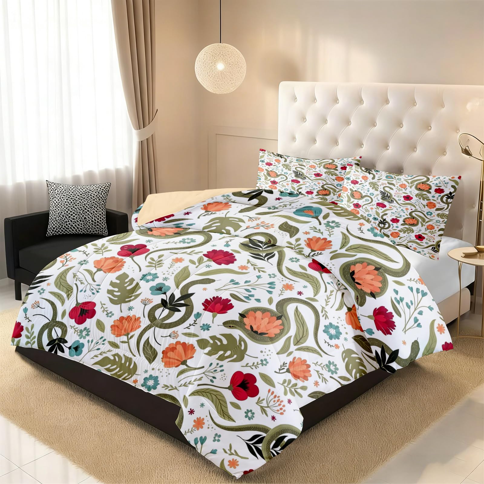 VULORA Schlange Blumen Bettdecke ohne Bezug 200x200 cm 4 Jahreszeiten