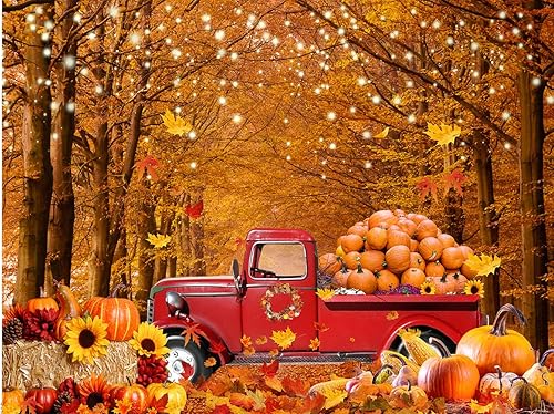 Dudaacvt Telón de fondo de otoño de 7 x 5 pies con calabazas rojas de camión y calabazas para fiesta de Acción de Gracias, suministros de otoño,