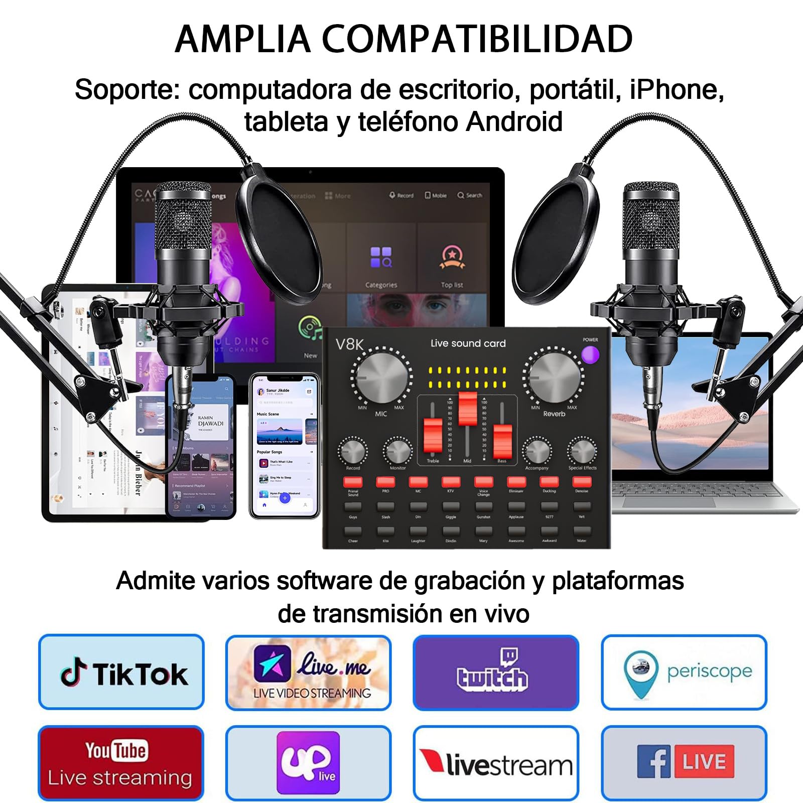 Paquete de equipo para podcast, Micrófono Podcast, Mesa de Mezclas con Diseño En Forma de Corazón Micrófono BM800, set de micrófonos para podcast para gamers, podcasting, grabación, canto y streaming