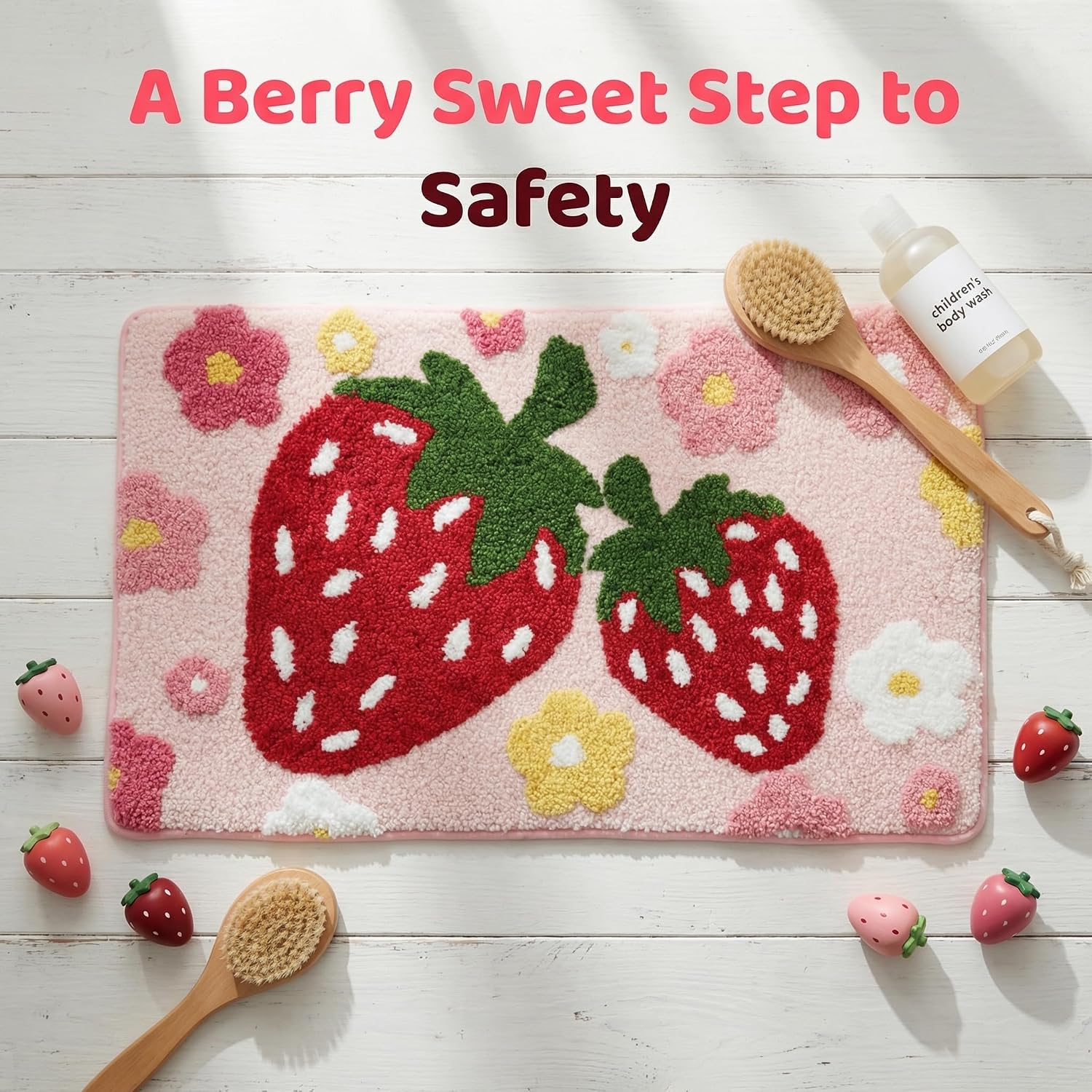 Pink Strawberry Flower Bath Mat, 30x19 Inch Soft Microfiber Bathroom Rug, Non-Slip TPR Backing Water Absorbent Washable Bath Rug for Shower Tub Sink Bedroom Kitchen Indoor Home Decor