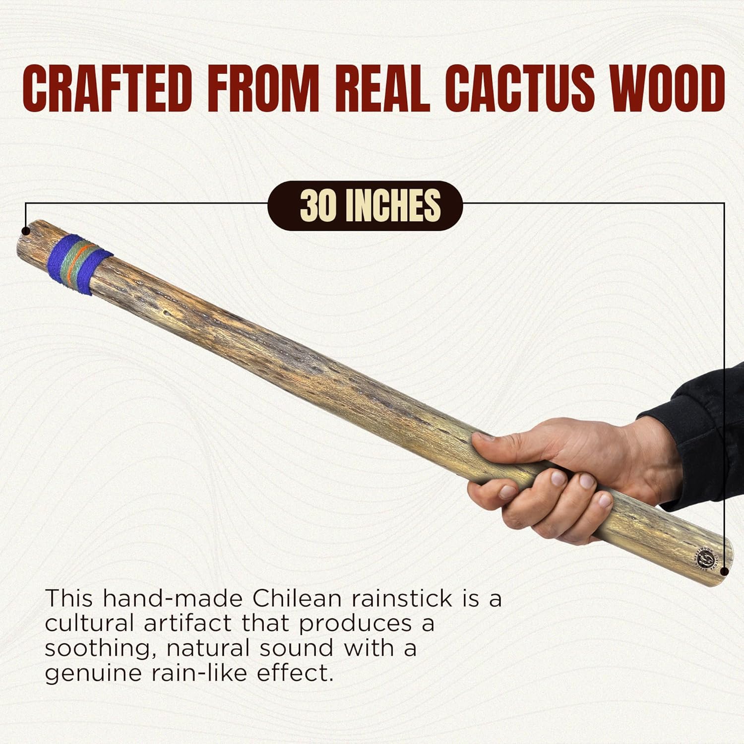 Africa Heartwood Project 30" Cactus Rainstick from Chile - Authentic Handcrafted Rain Stick Musical Instrument with Colored Yarn Wrap and Durable Sealant (Random Color)