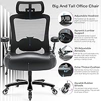Vista 4 de Silla de oficina grande y alta de 600 libras, silla de computadora ejecutiva resistente con brazos abatibles 3D, ruedas grandes, silla de escritorio