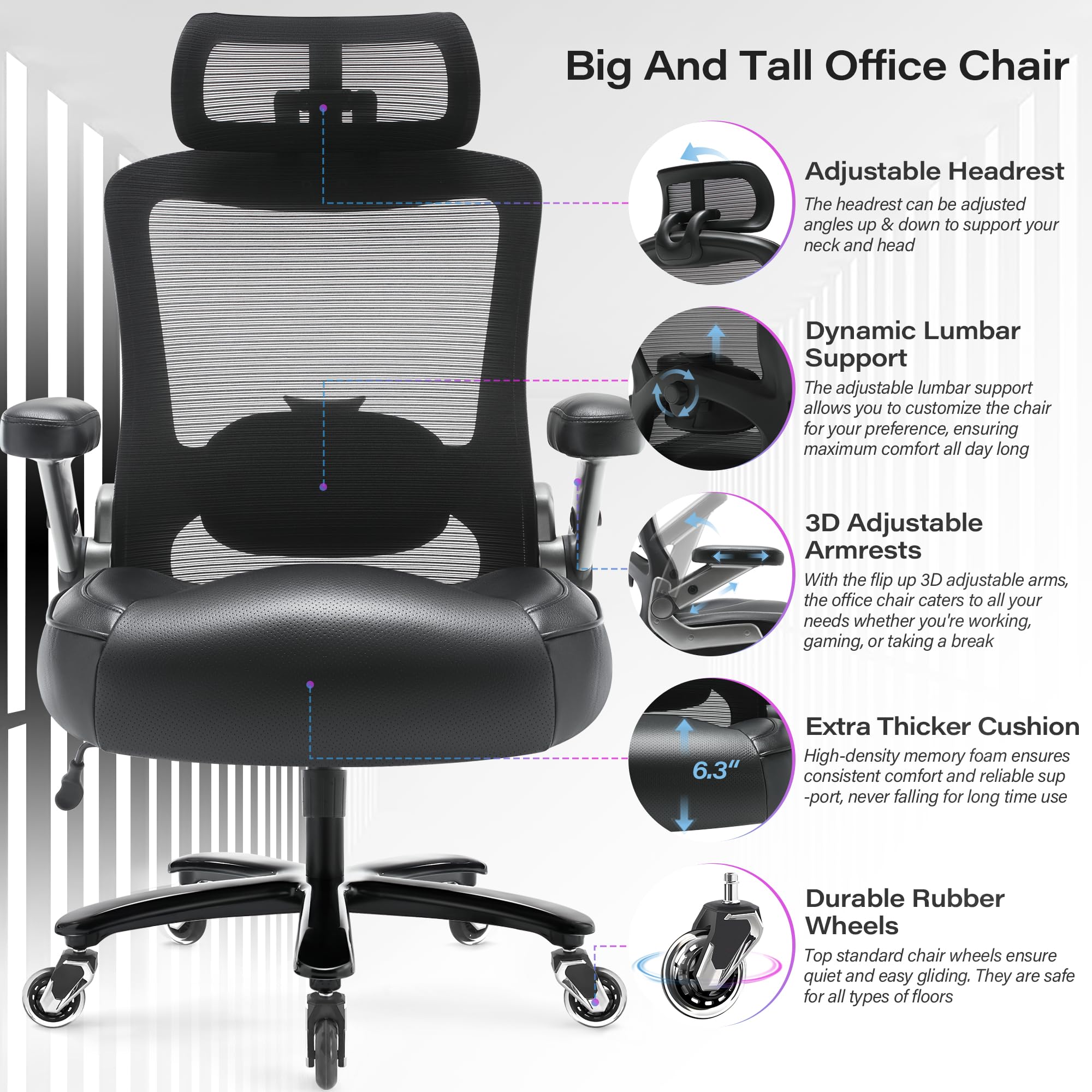 600lbs Big and Tall Office Chair- Heavy Duty Executive Computer Chair with 3D Flip Arms Large Wheels Ergonomic — view 4