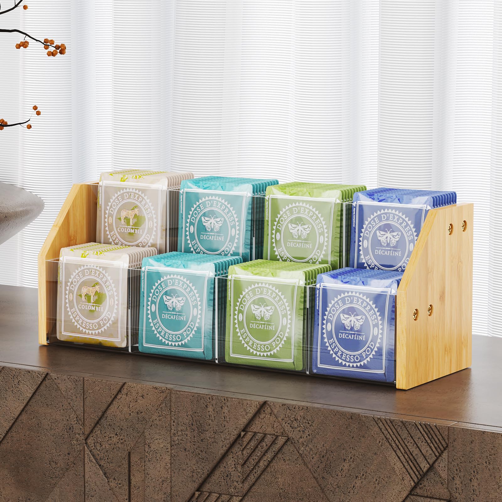 NiHome Organizador de bolsas de té de 2 niveles con paneles acrílicos transparentes y marco de bambú, 8 compartimentos que sostienen hasta 80 bolsas de té, soporte de té para ahorrar espacio para el