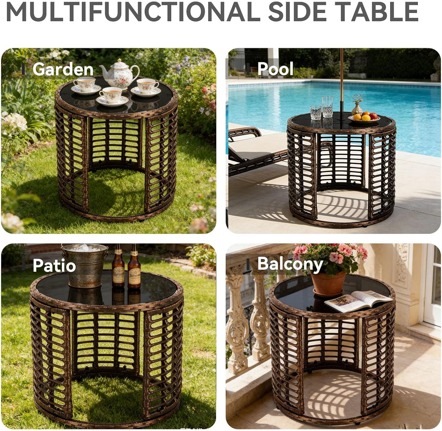 Kinfant Round Outdoor Wicker Coffee Table – Patio Side Table with Tempered Glass Top, Ottoman Style End Table for Balcony, Porch, Deck, Garden, Weather-Resistant Rattan, Easy Assembly