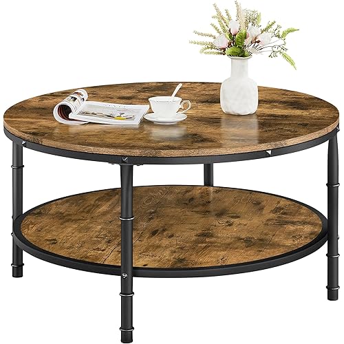 Yaheetech 2 Tier Round Coffee Table, Industrial Coffee Table with Wooden Shelf for Living Room, Cocktail Table, Vintage Wood Surface, Strong Metal Frame, Easy Assembly
