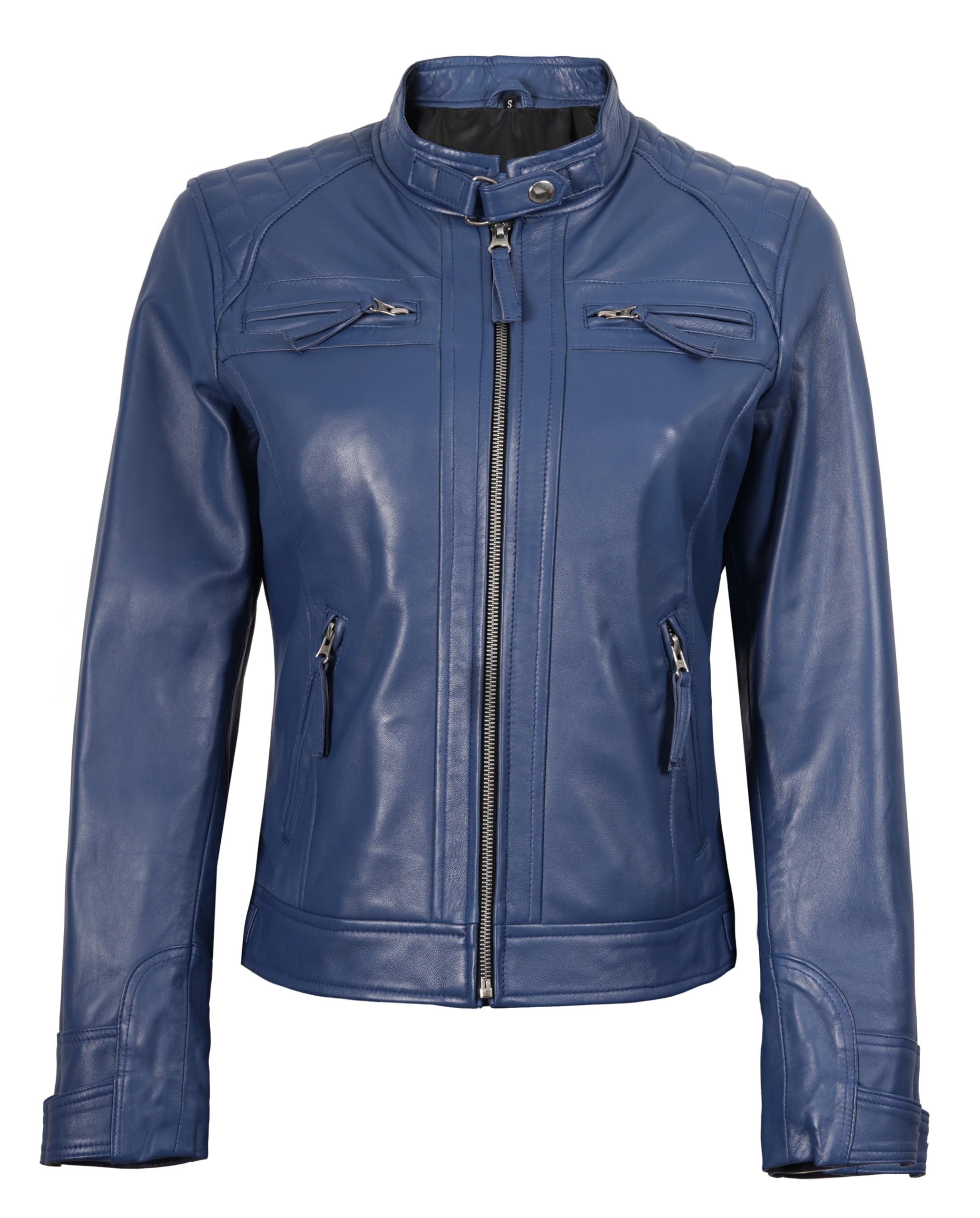 fjackets Damen Lederjacke - Echtes Lammfell Cafe Racer Moto Biker Steppjacke Reißverschluss Jacke für Frauen, Blau, Medium