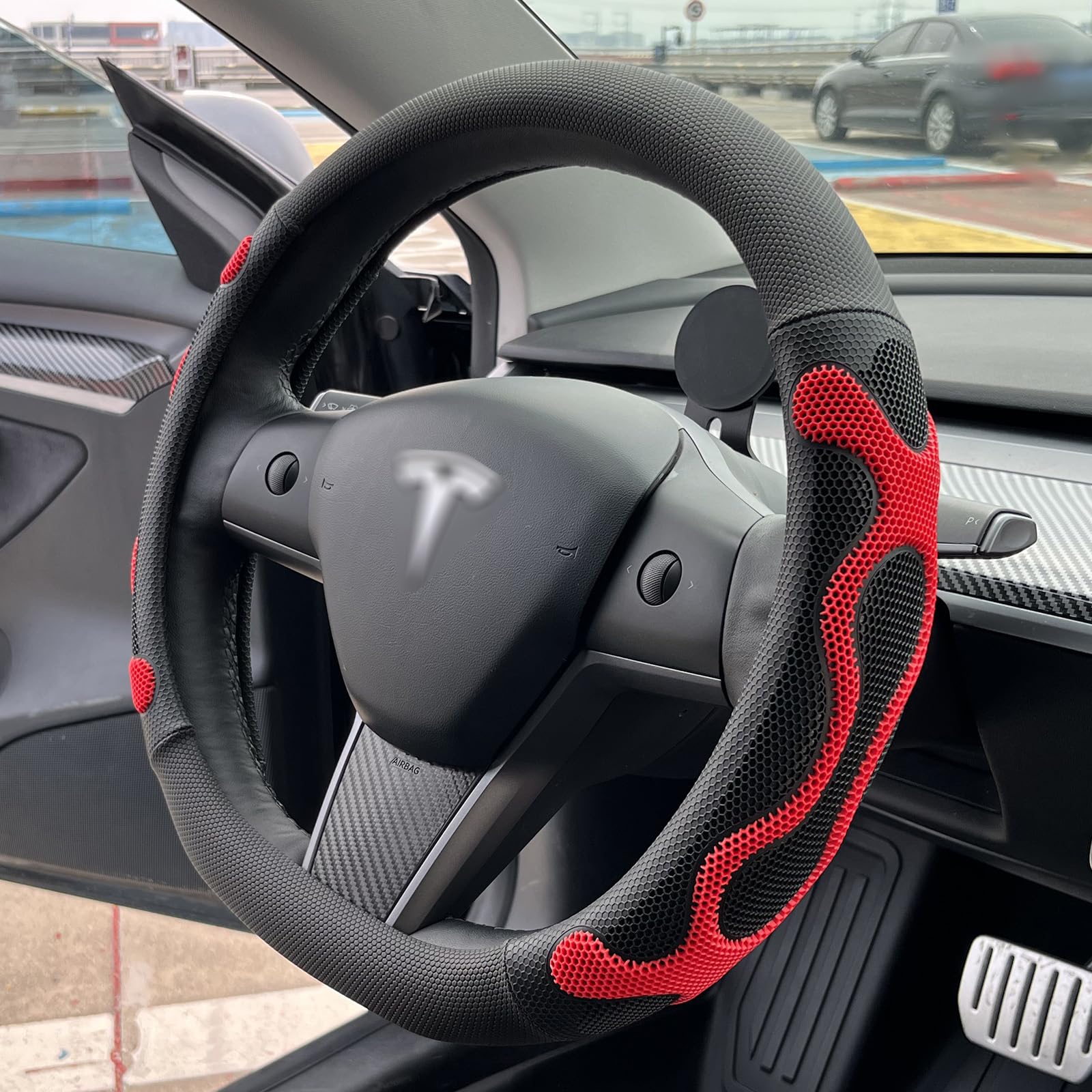 PINCTROT Comfy Grip Steering Wheel Cover for Tesla Model Y/3 2016-2025 2026 Standard/Highland/Juniper, D Shaped 14 Inch Small Sized, Flat Bottom with