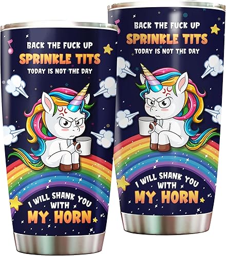 Vaso con tapa con texto en inglés "Unicorn I Will Shank You With My Horn", taza de café arcoíris, regalo significativo de cumpleaños, regalo de