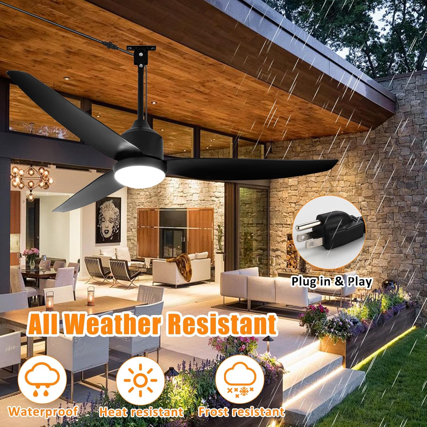 depuley outdoor ceiling fan with light: 52 inch gazebo fan outdoor hanging - plug in waterproof fans with lights for patio - dimmable remote app control black black 52 inch