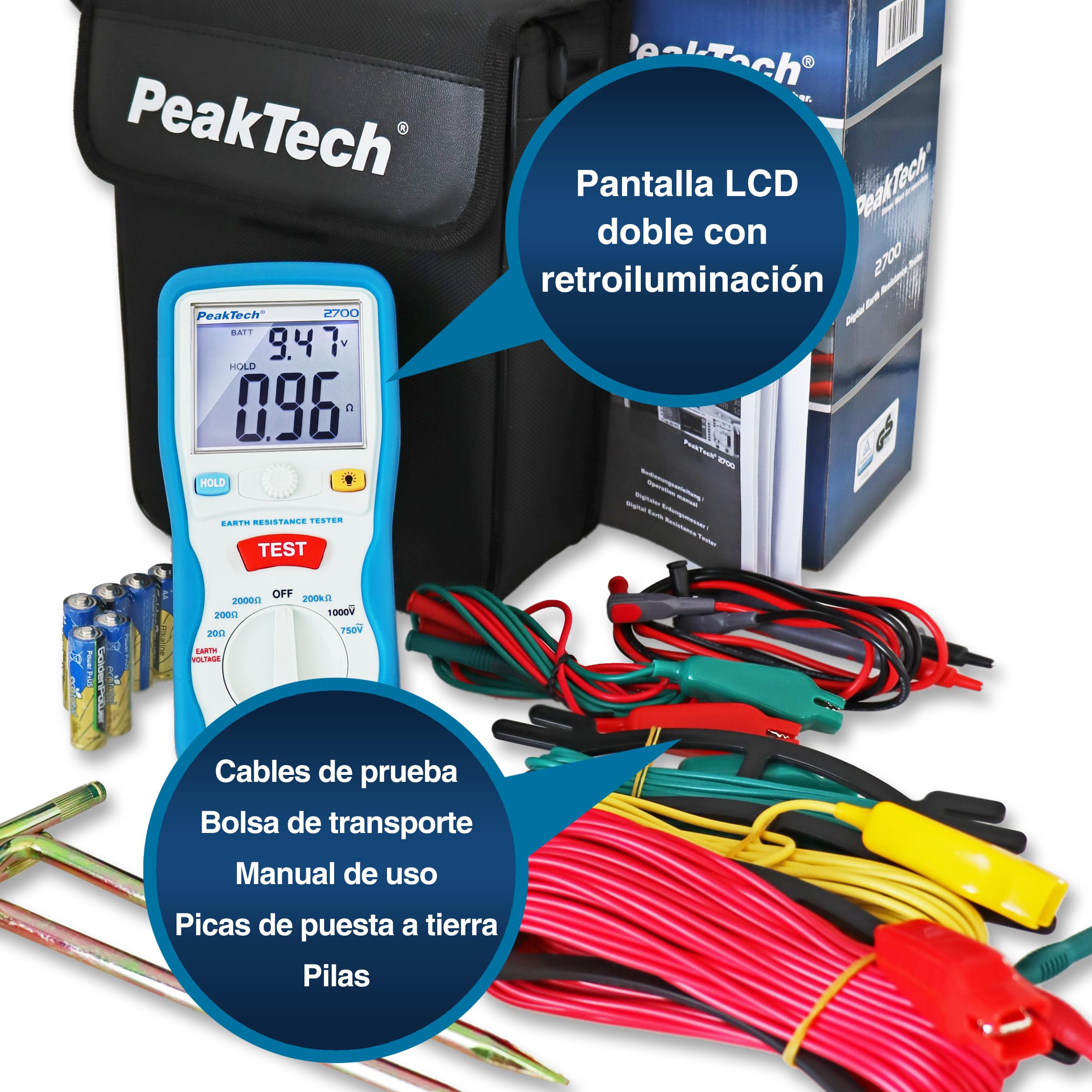 PeakTech 2700 - Probador Digital con Pantalla LCD Doble y 2 Varillas, Resistencia a Tierra, Ac/Dc, Tuv/Gs, Retención de Datos, Desconexión Automática, Puesta a Cero Automática - Cat III 1000 V
