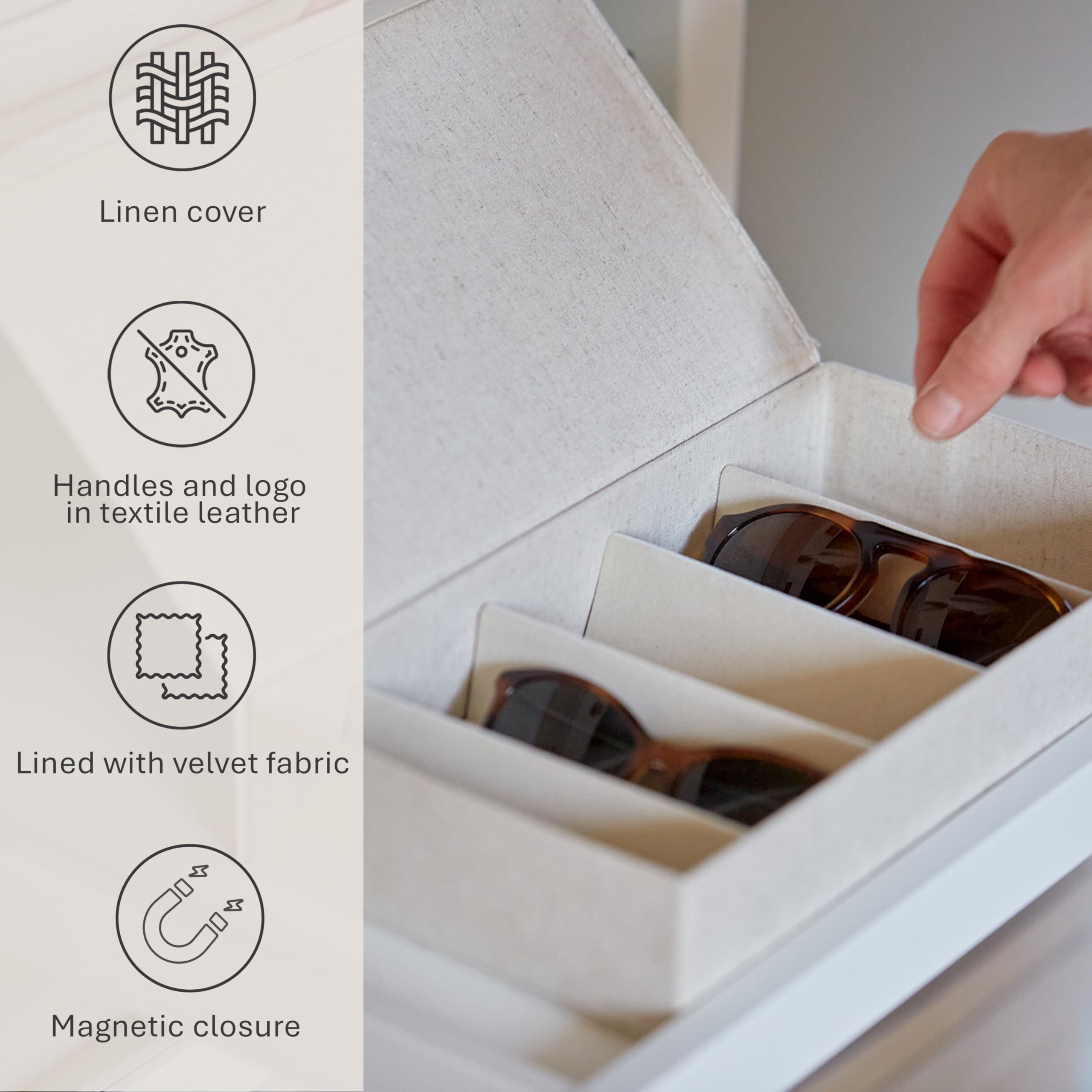 Love It Store It Premium Glasses Box Made of Linen Cotton Blend, Inner Velvet, Reinforced with 5 Compartments, Beige, 30 x 17 x 6 cm