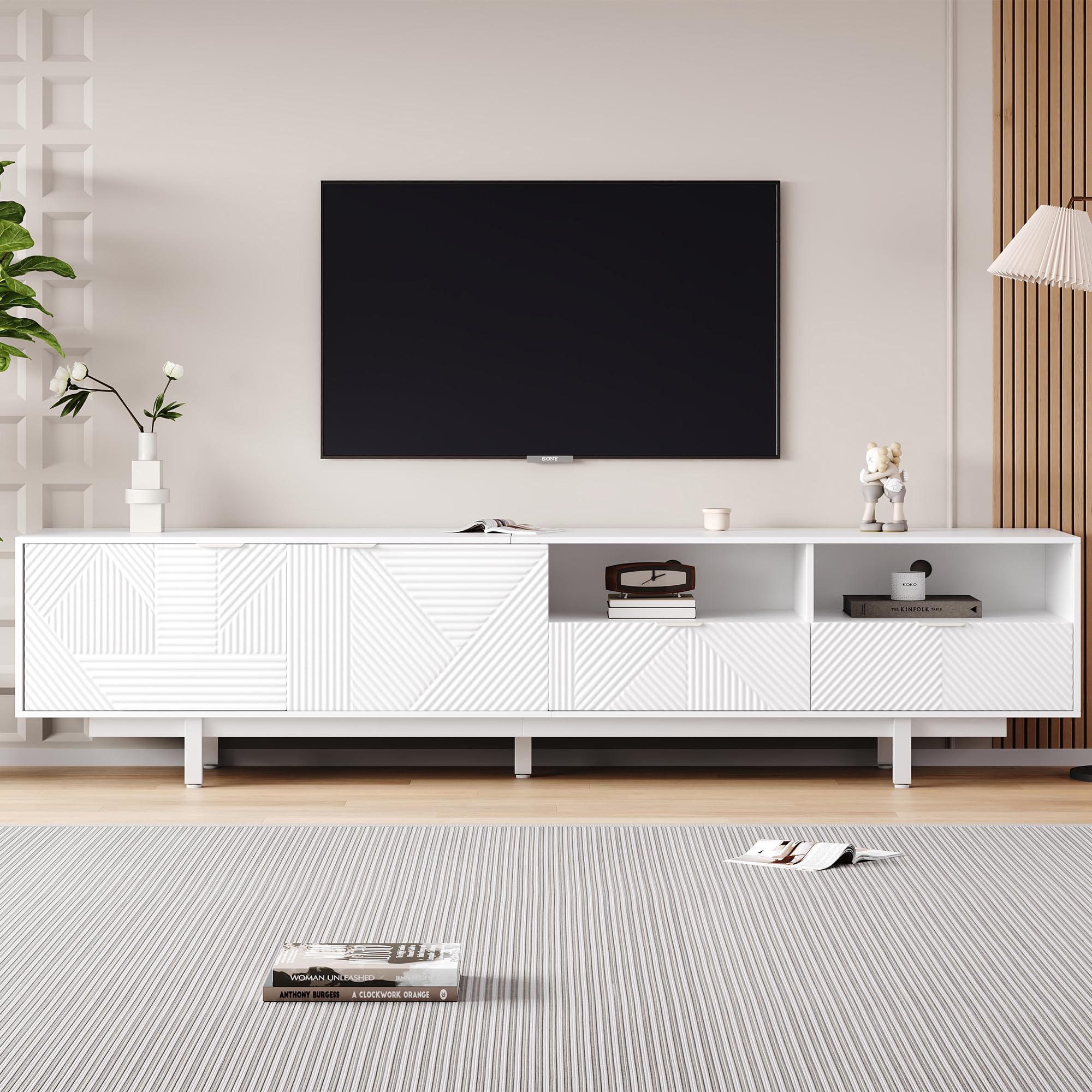TV Lowboard 200 cm Weiß mit geometrischem Muster, TV Schrank für 90 Zoll Fernseher, modernes TV Board mit Stauraum & Türen, TV Unterschrank mit Kabelmanagement & Metallfüßen