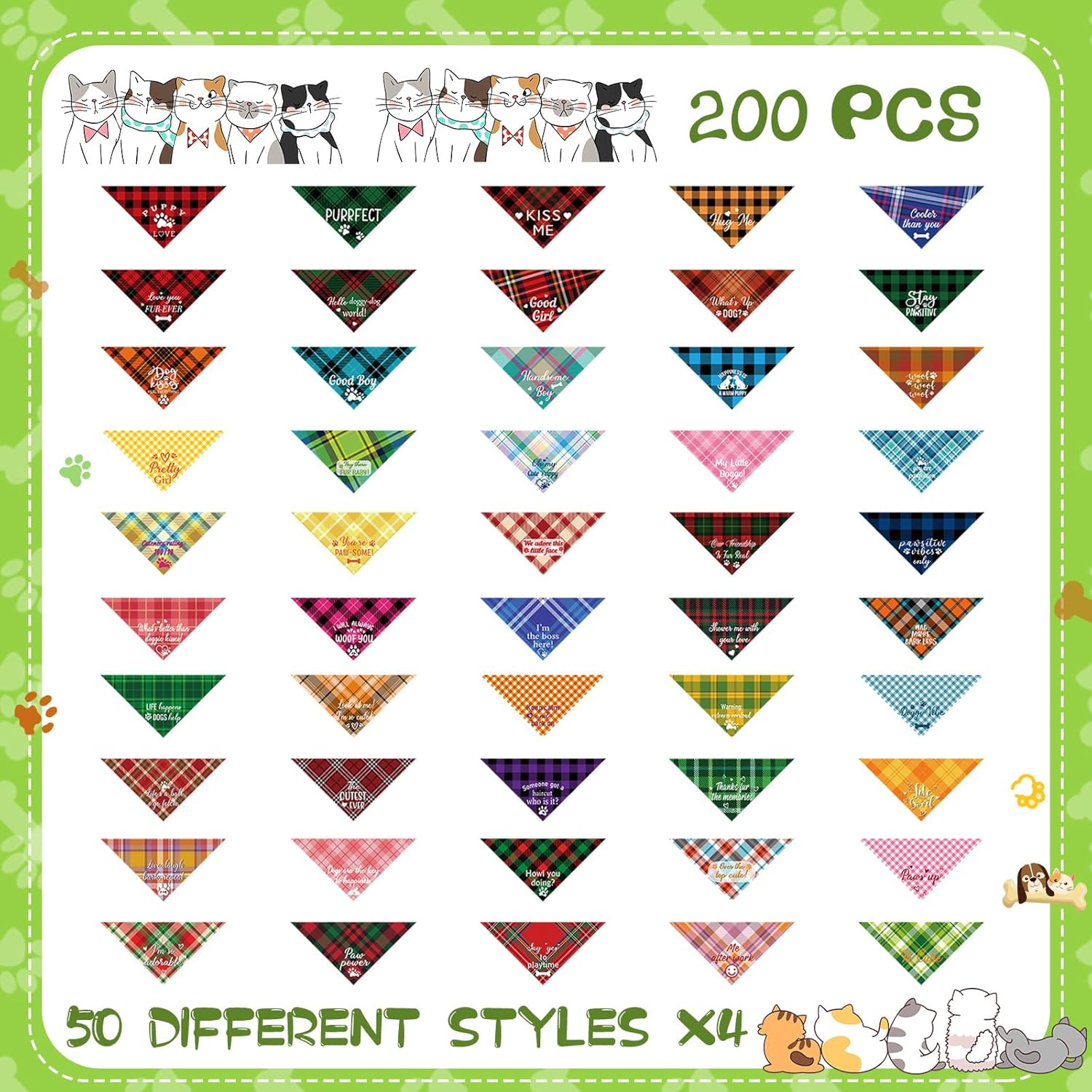 200 Pcs Dog Bandana Bulk Summer Plaid Grooming Pet Bandanas with Cute Sayings for Small to Large Dog Puppy Scarf Spring Holiday Costume Birthday Supplies for Small to Large Cats(Classic Style)