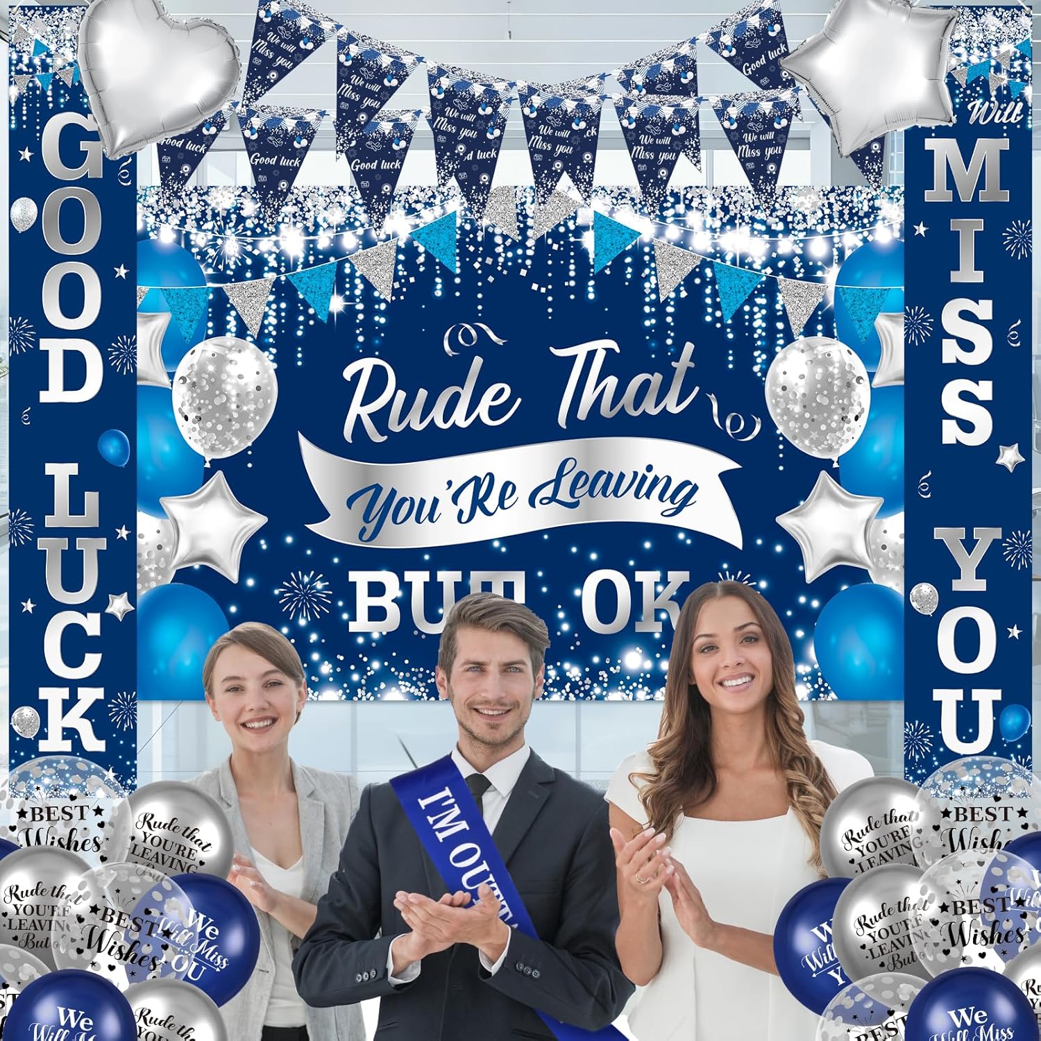 30Pcs Farewell Party Decorations Blue Silver We Will Miss You Banner Rude That You're Leaving But OK Backdrop Balloon Retired Sash Paper Pompoms for Coworker Leaving Going Away Retirement Party Decor
