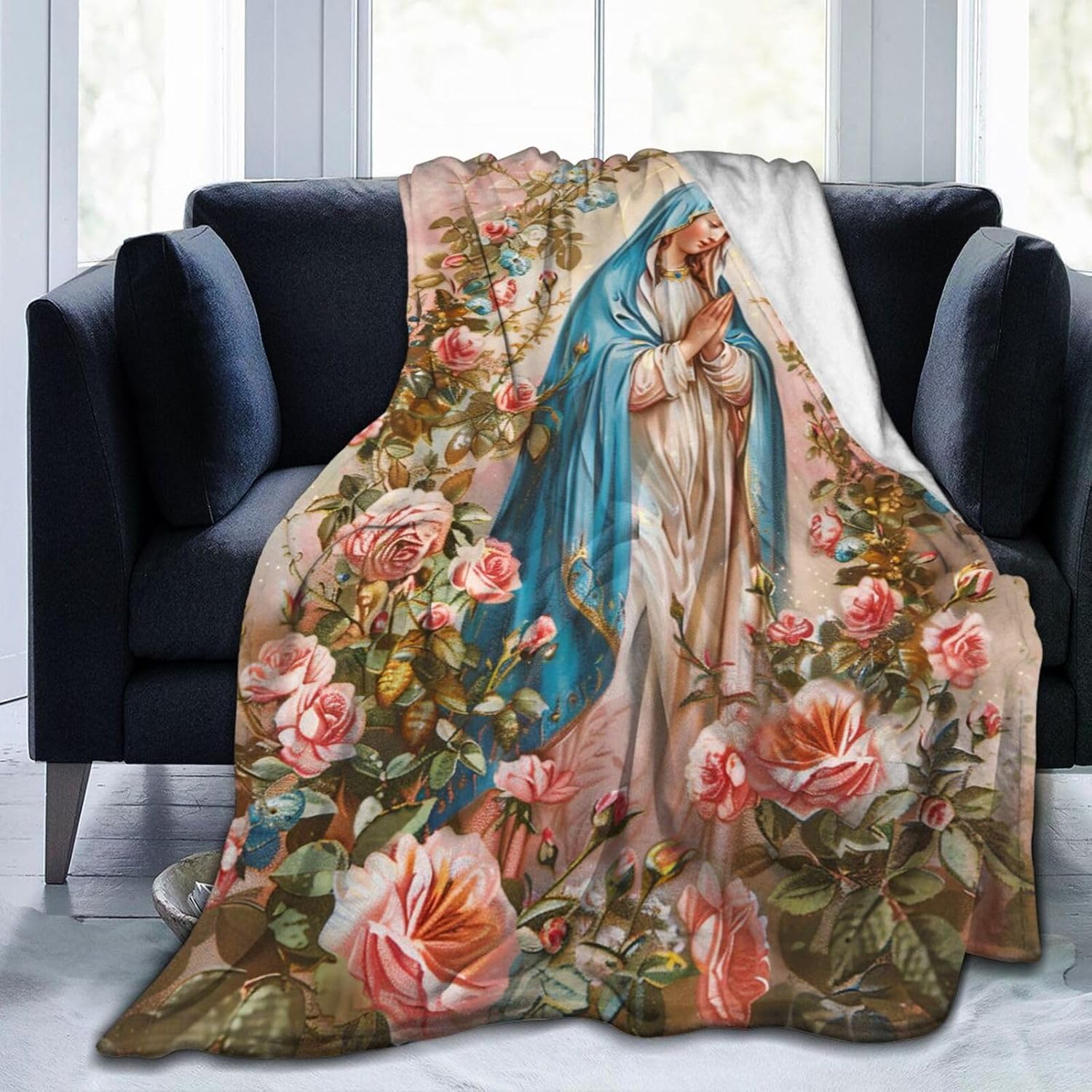 Virgin Mary Blanket Christian Mother of God Rose Decor Throw Blankets Ultra Soft Cozy Fuzzy Plush Fleece Healing Catholic Blanket Gifts for Prayer Girls Women Boys Kids for Bedding Sofa 40"X50" - Image 3