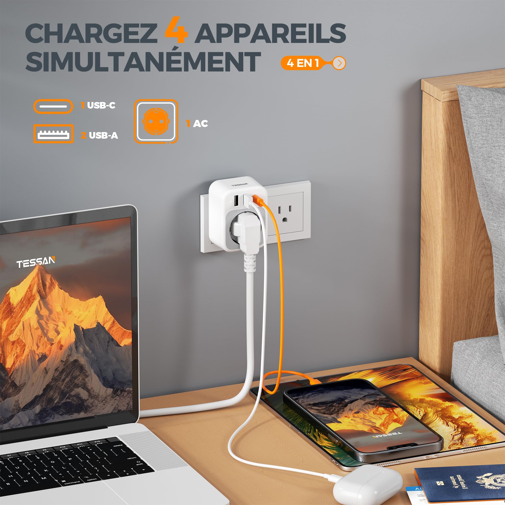 TESSAN Lot de 2 Adaptateur Prise USA, 4 en 1 Adaptateur Prise Americaine avec USB C et 2 USB A, Adapter Americaine 1875 W, Adapter France vers USA, Type B pour Thaïlande Canada Mexique