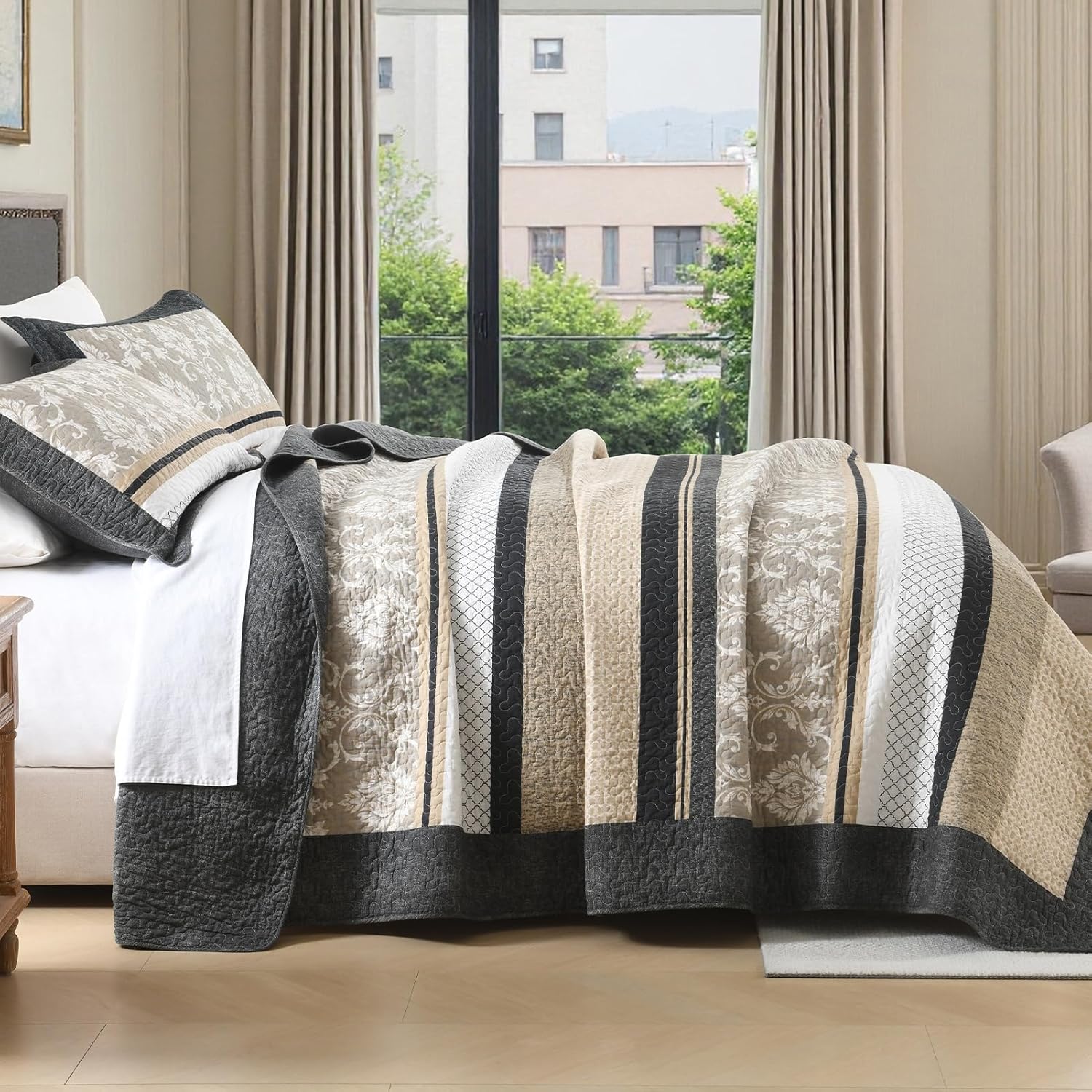 PANGUSHAN Quilt Set King Size - 100% Cotton King Comforter Set, Striped Farmhouse Bedspread with 2 Pillow Shams, Reversible Lightweight Bedding, King Bed Spread for All Season, Charcoal/Beige/Gray