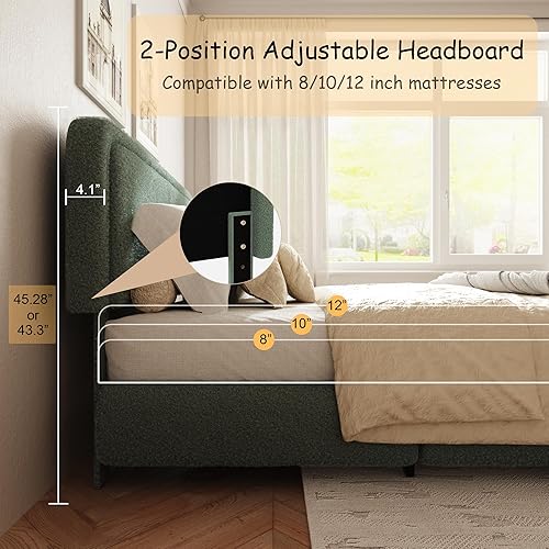 Miniatura 4 de Marco de cama tamaño Queen con tapizado de bóbil, plataforma tapizada en forma de nube con cabecera ajustable en altura y esquinas redondeadas