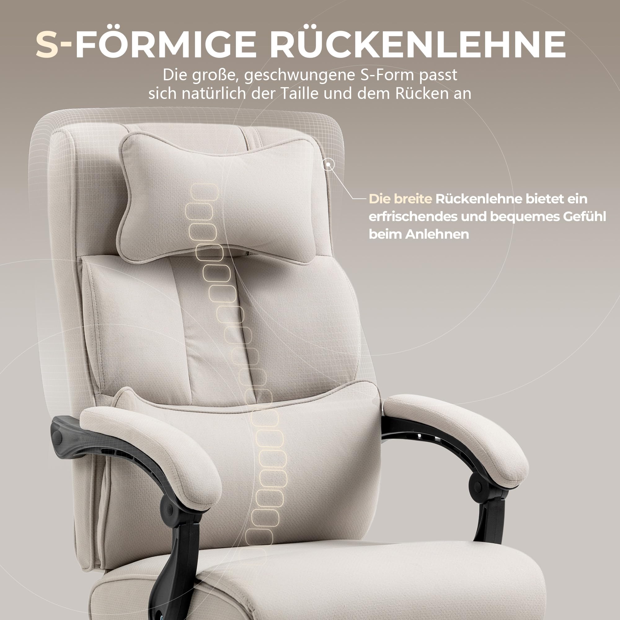 Dowinx Bürostuhl Ergonomisch mit Fußstütze und gepolsterten Armlehnen, ergonomischer Bürostuhl aus Stoff, Drehstuhl mit hoher Rückenlehne, Höhenverstellbar, 150 kg, Beige