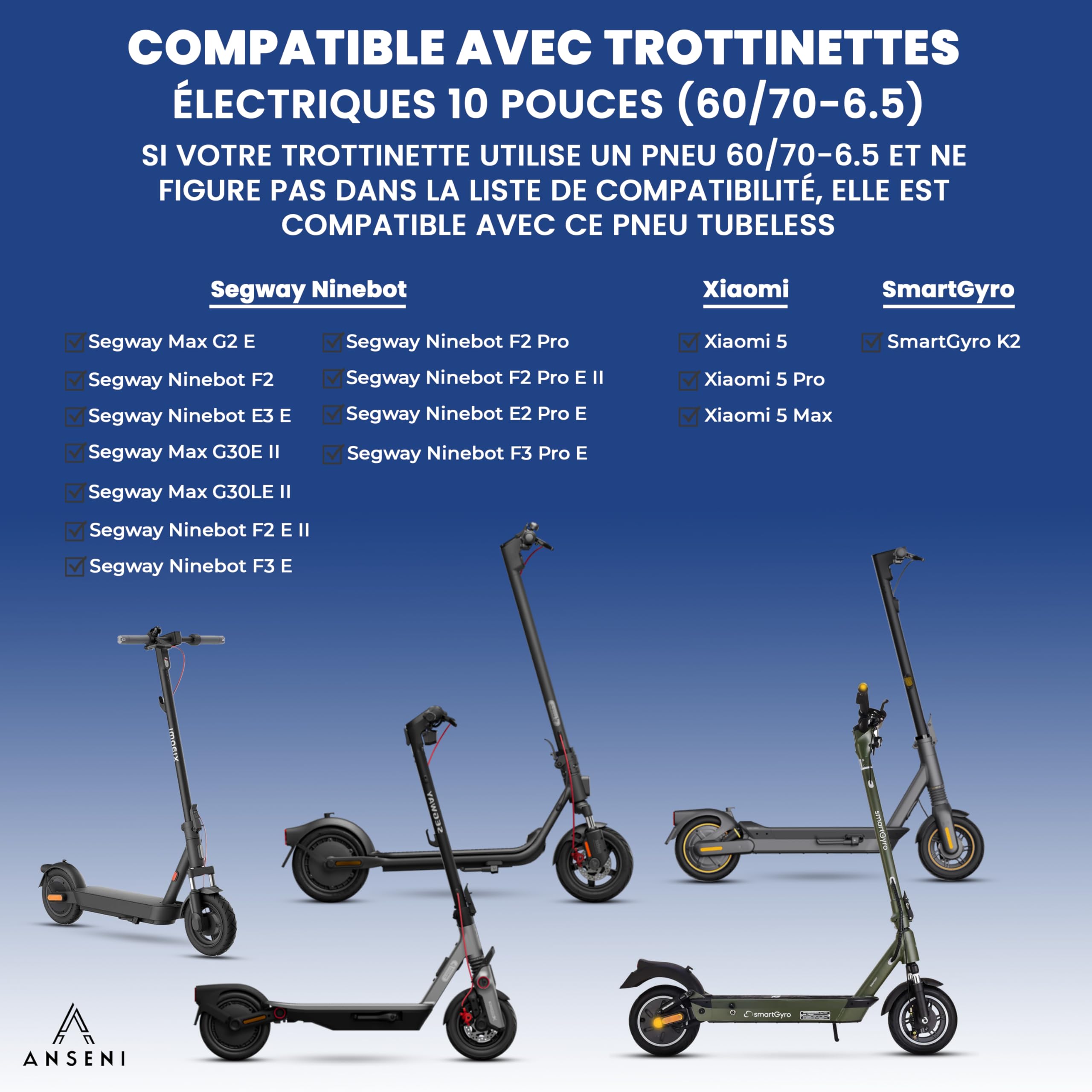 ANSENI Pneu 60/70-6.5, Roue 10 Pouces 10x2.50-6.5 compatible avec Trottinette Electrique Xiaomi 5/ 5Pro/ 5 Max/Segway Ninebot E3 E/Ninebot Max G30/G30D/ F2 Pro/Smartgyro K2 (1 unité)