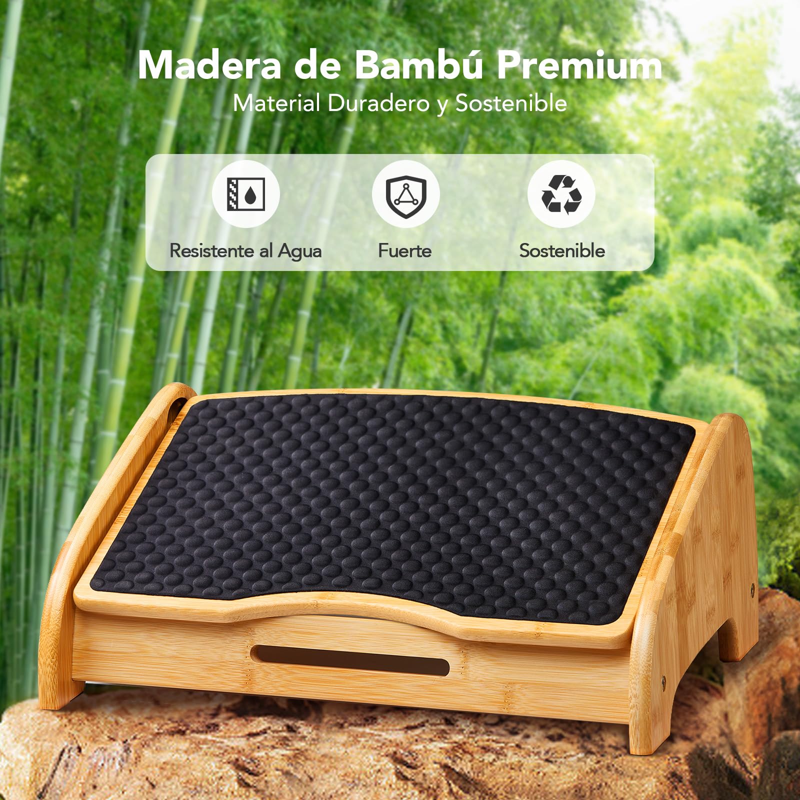 Reposapiés Debajo Escritorio bambú HUANUO, Reposa Pies Ergon con 4 Opc Alt y Áng Adjust, Superf Masaje con Text Guijar, ReposapiésAntidesl debajo Escritor Trabajo para Mejorar Postura, Hogar y Oficina