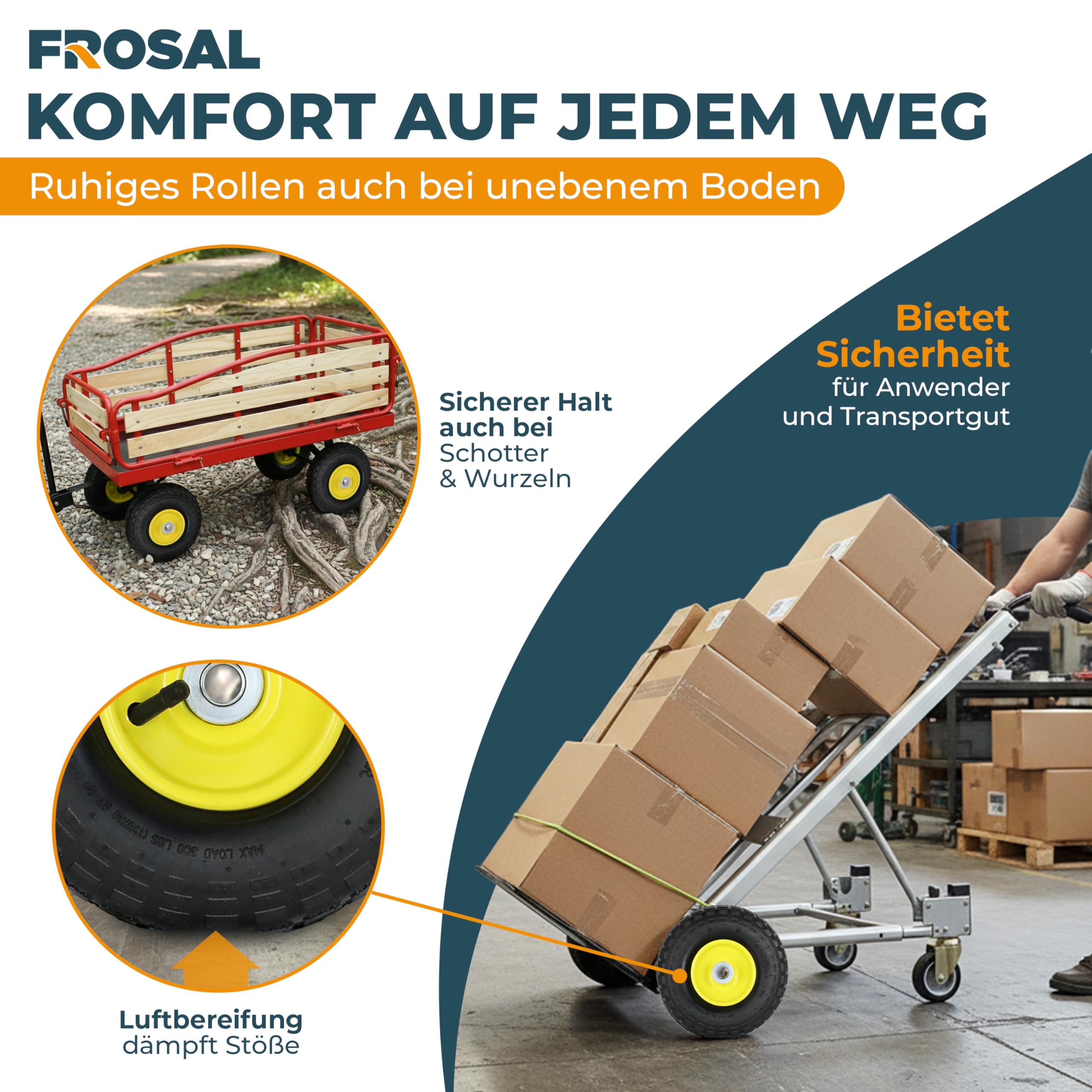 FROSAL Ersatzrad 4.10/3.50-4 (260×85) – 4 Stück – Luftreifen mit Kugellager – Nabenlänge 50 mm – Achse Ø 16 mm – gelbe Stahlfelge – mit praktischem Autoventil – für Bollerwagen & Sackkarren