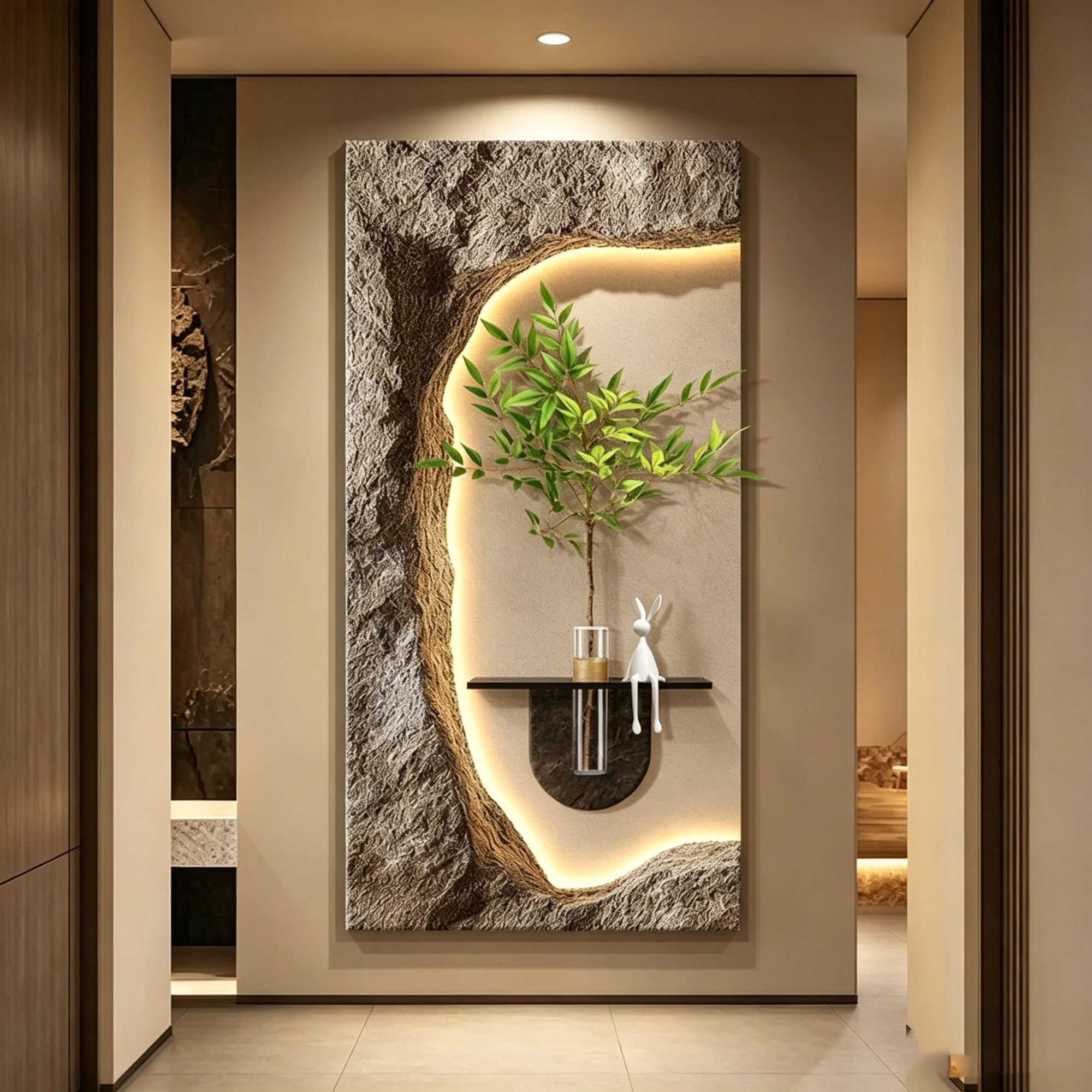 OEPCHEFACX Sandstone Texture Wall Art with LED Lights, 3D Sculptural Relief Wall Decor with Glass Vase, Modern Hanging Mural for Entrance Living Room Hallway(A,100 * 50cm/39.4 * 20in)
