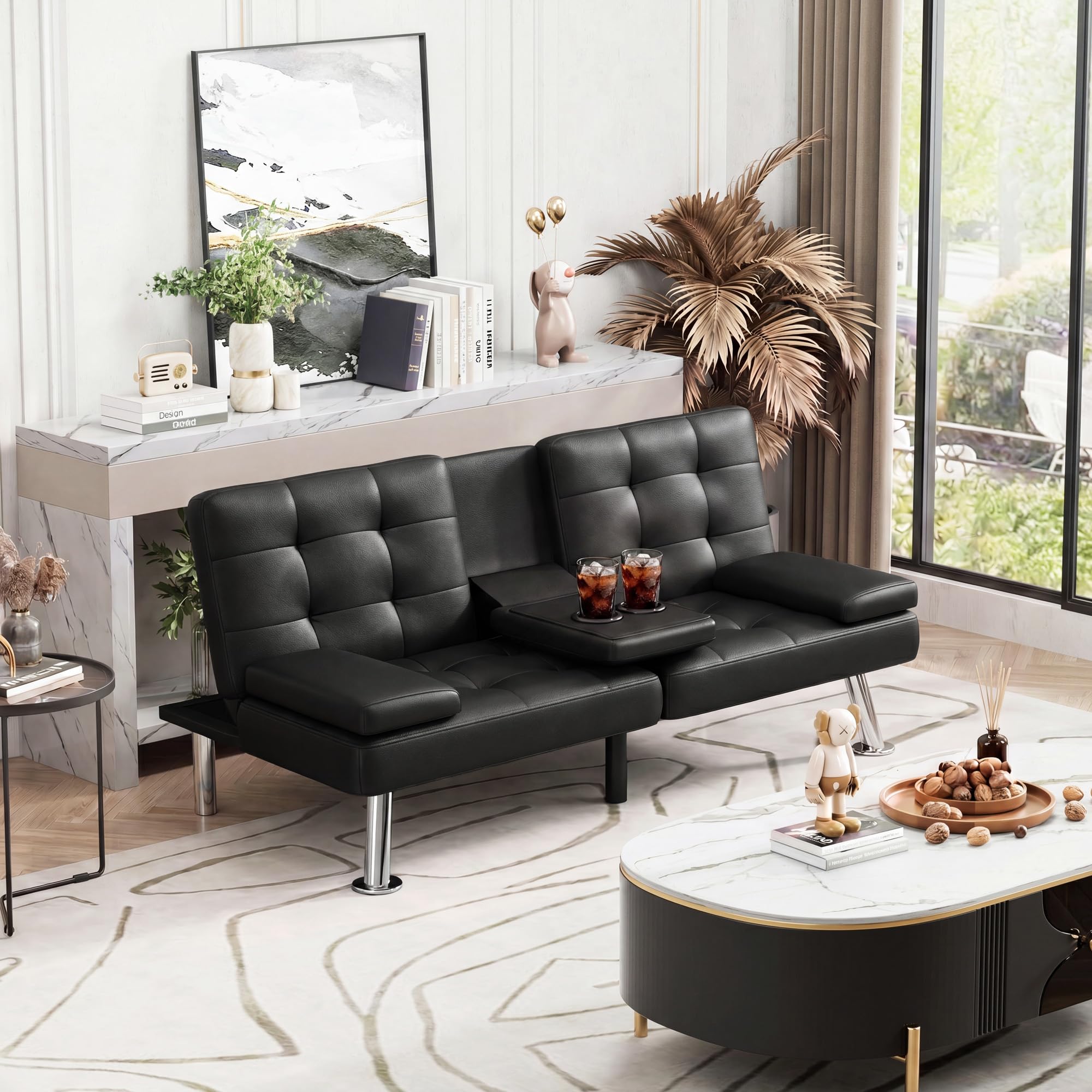 Homall Black Faux Leather Futon Sofa Bed, Loveseat with Adjustable Backrest | Futon Couch with Removable Armrests, Recliner Sleeper Sofa Bed with Dual Cup Holders for Living Room, Apartment, Office|Black