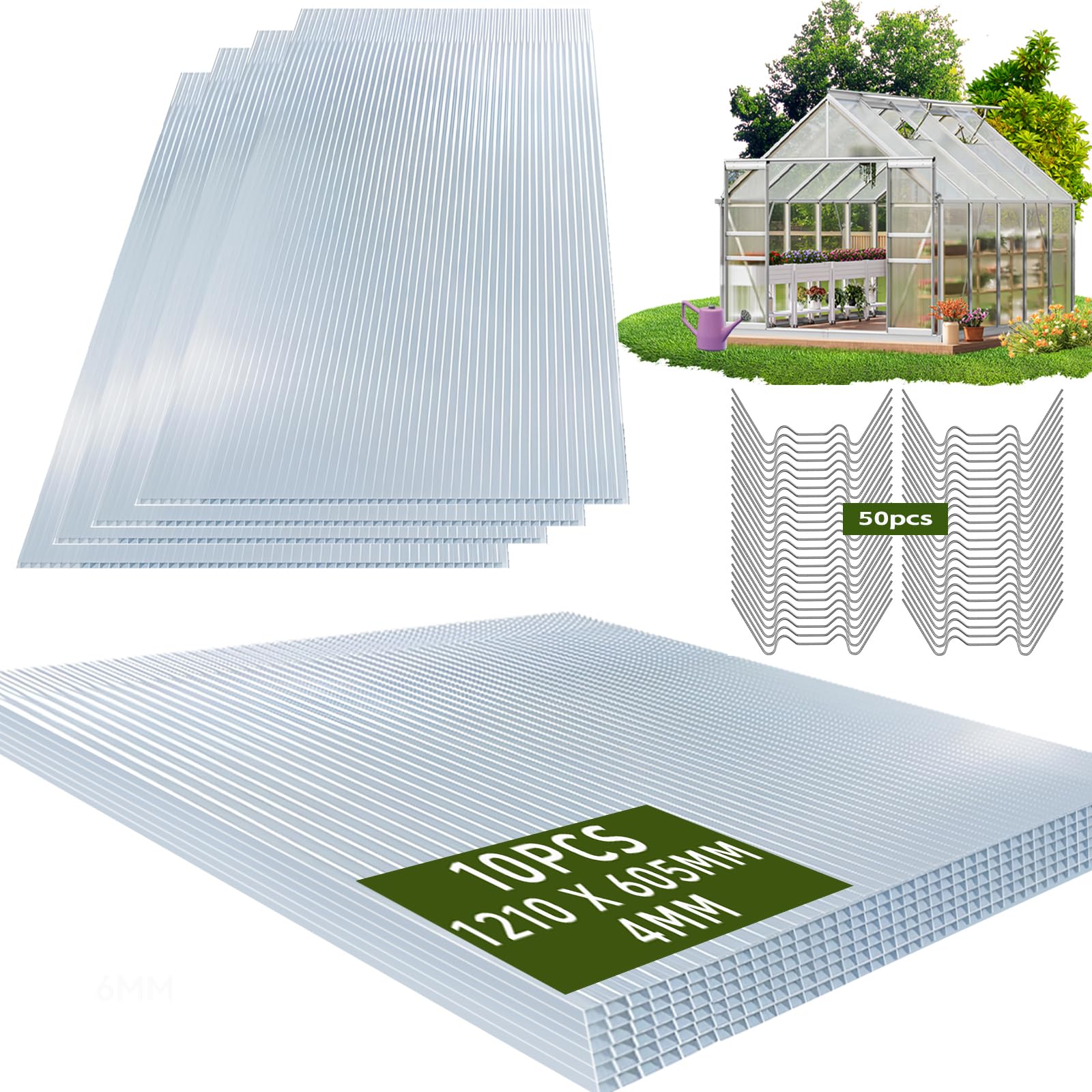 Warmfay 10 planchas alveolares de policarbonato de 4 mm, 1210 x 605 mm, doble puente de 7,32 m², con 50 grapas + 50 clips en Z, recortables, resistentes a los rayos UV, para invernadero, cocheras, etc