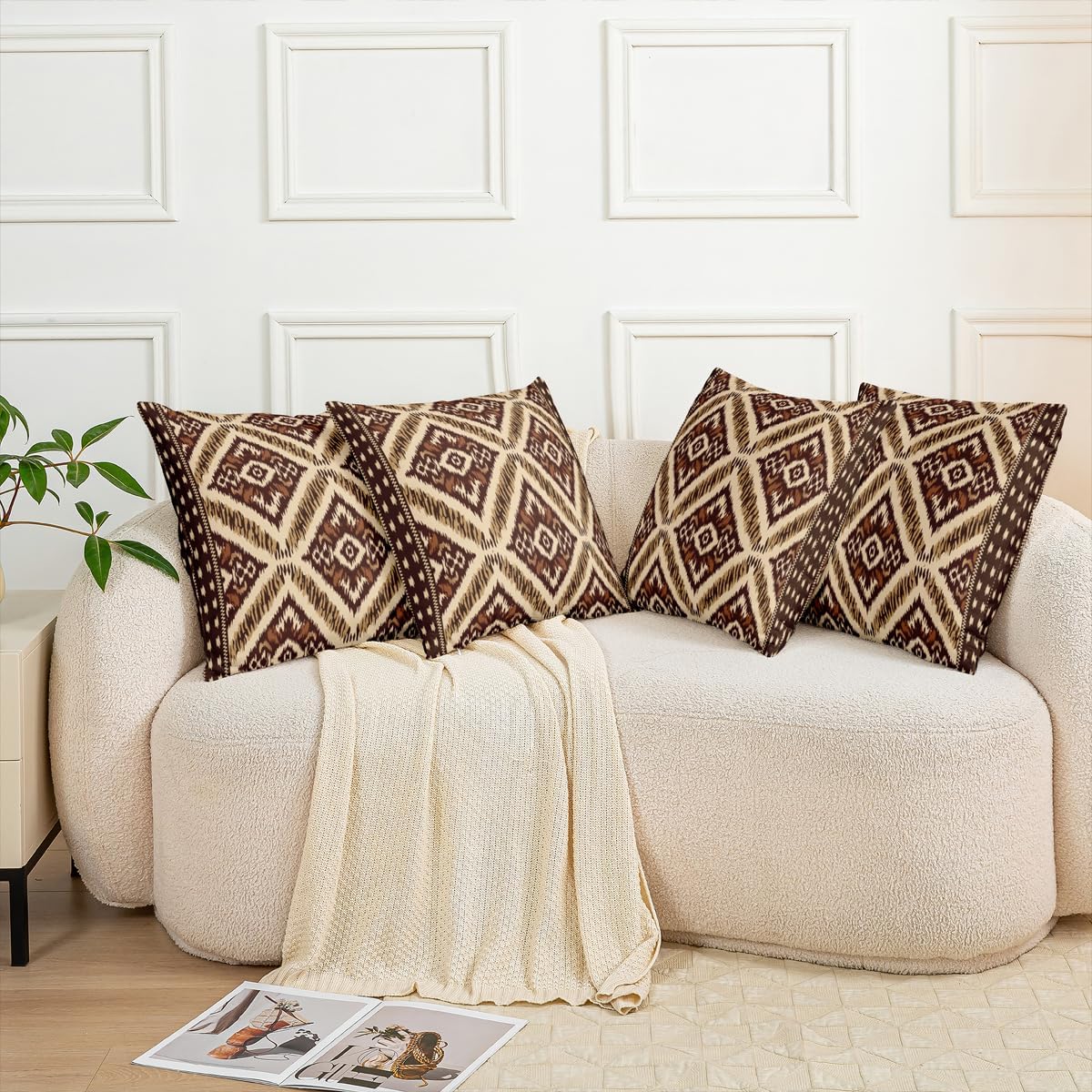 Set of 2 Ikat Pillow Covers 24x24 Aztec Throw Pillow Covers Floral Geometric Brown Ethnic Embroidery Cushion Covers Traditional Oriental Traditional Abstract Cushion Cases for Man Woman