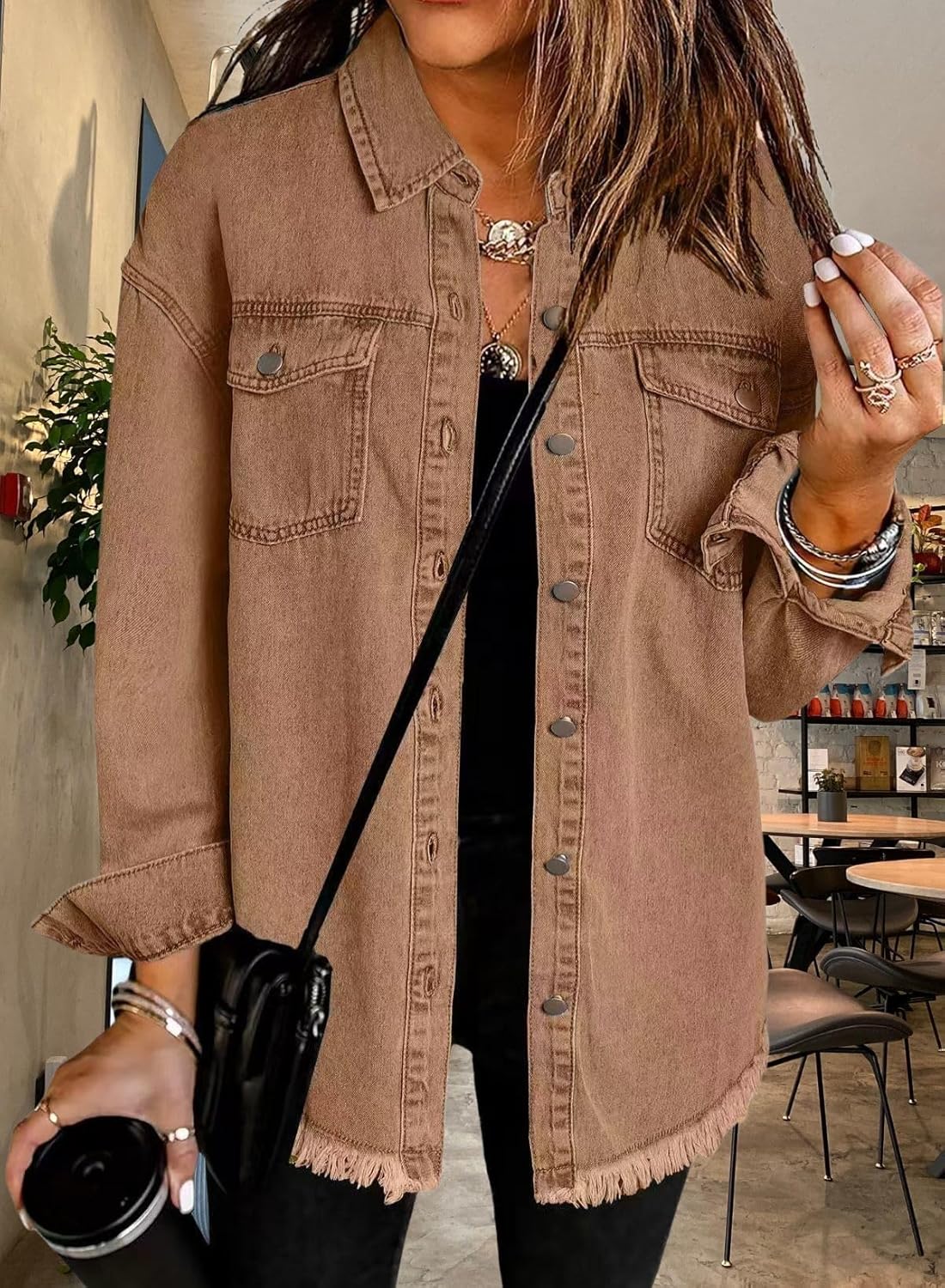 HOTYD Women's Vintage Washed Jean Jacket Casual Denim Button Down Distressed Jacket Frayed Hem Shirt Jackets Fall Outfits