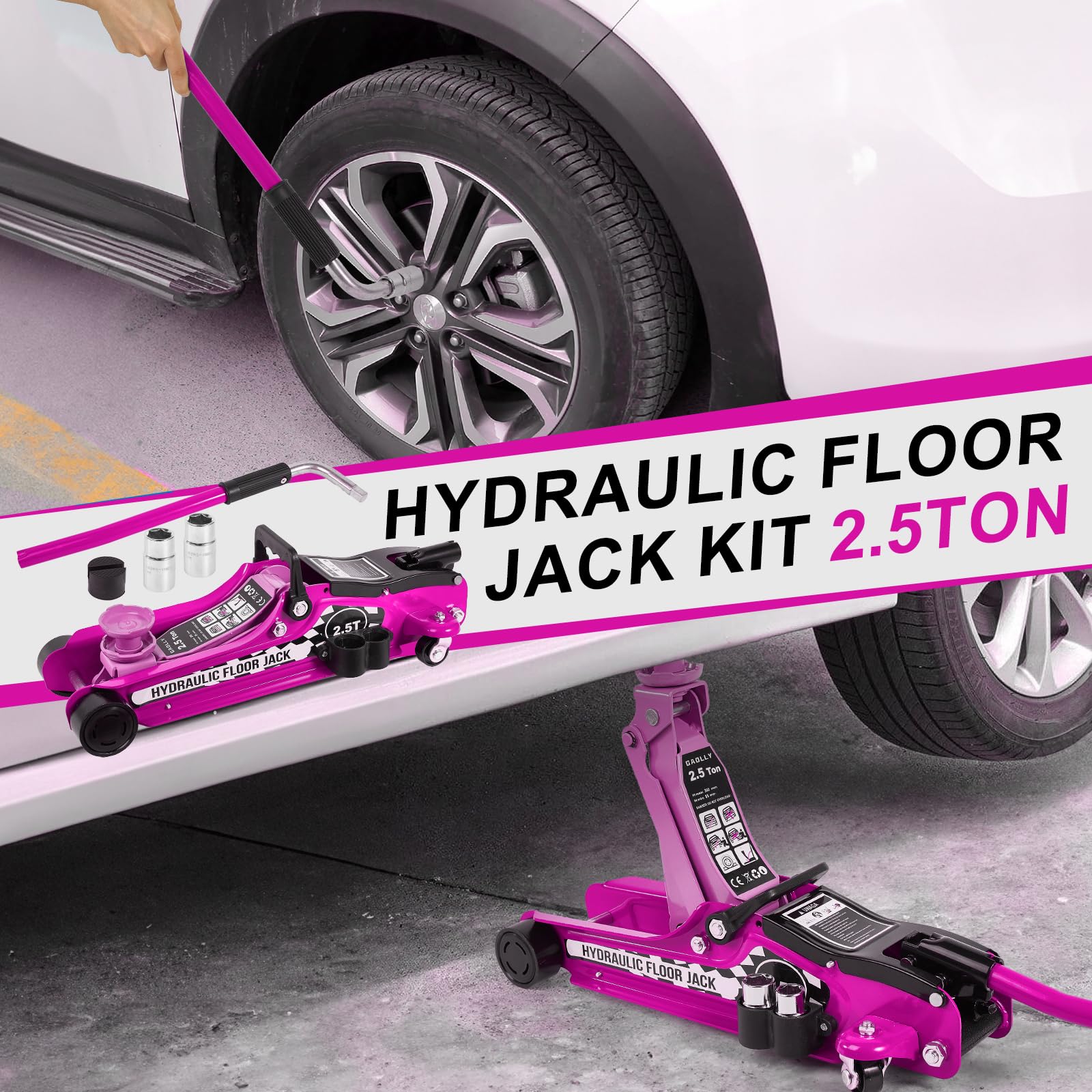 Kit cric da pavimento, 2,5 tonnellate (2,5 kg), cric idraulico a basso profilo, cric a carrello, kit di attrezzi per SUV e auto, kit universale con chiave a capocorda rosa