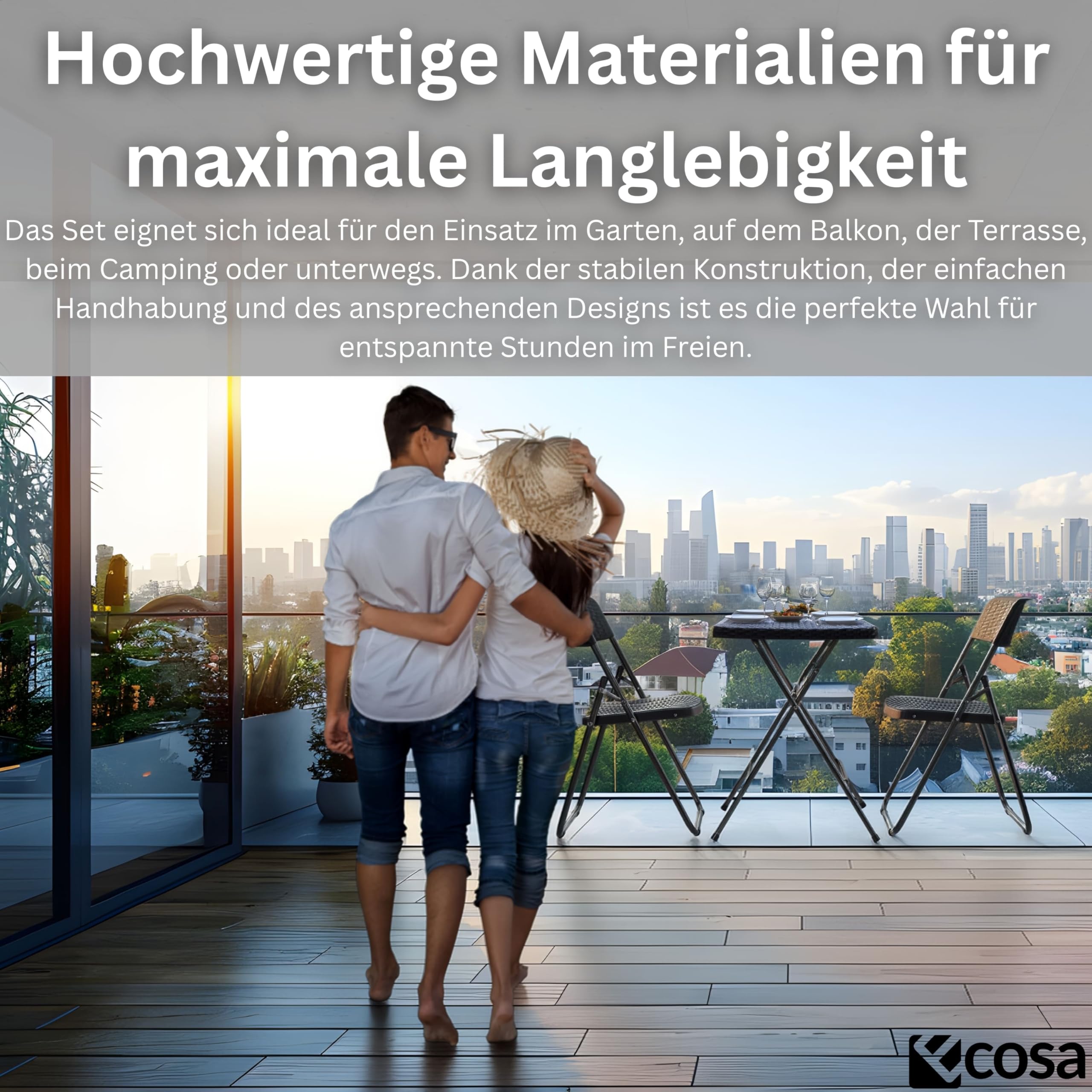 ecosa Zestaw bistro, 3-częściowy, stół balkonowy z 2 krzesłami, stół ogrodowy, składany – zestaw balkonowy składane krzesła – zestaw mebli balkonowych mebli ogrodowych o wyglądzie rattanu z