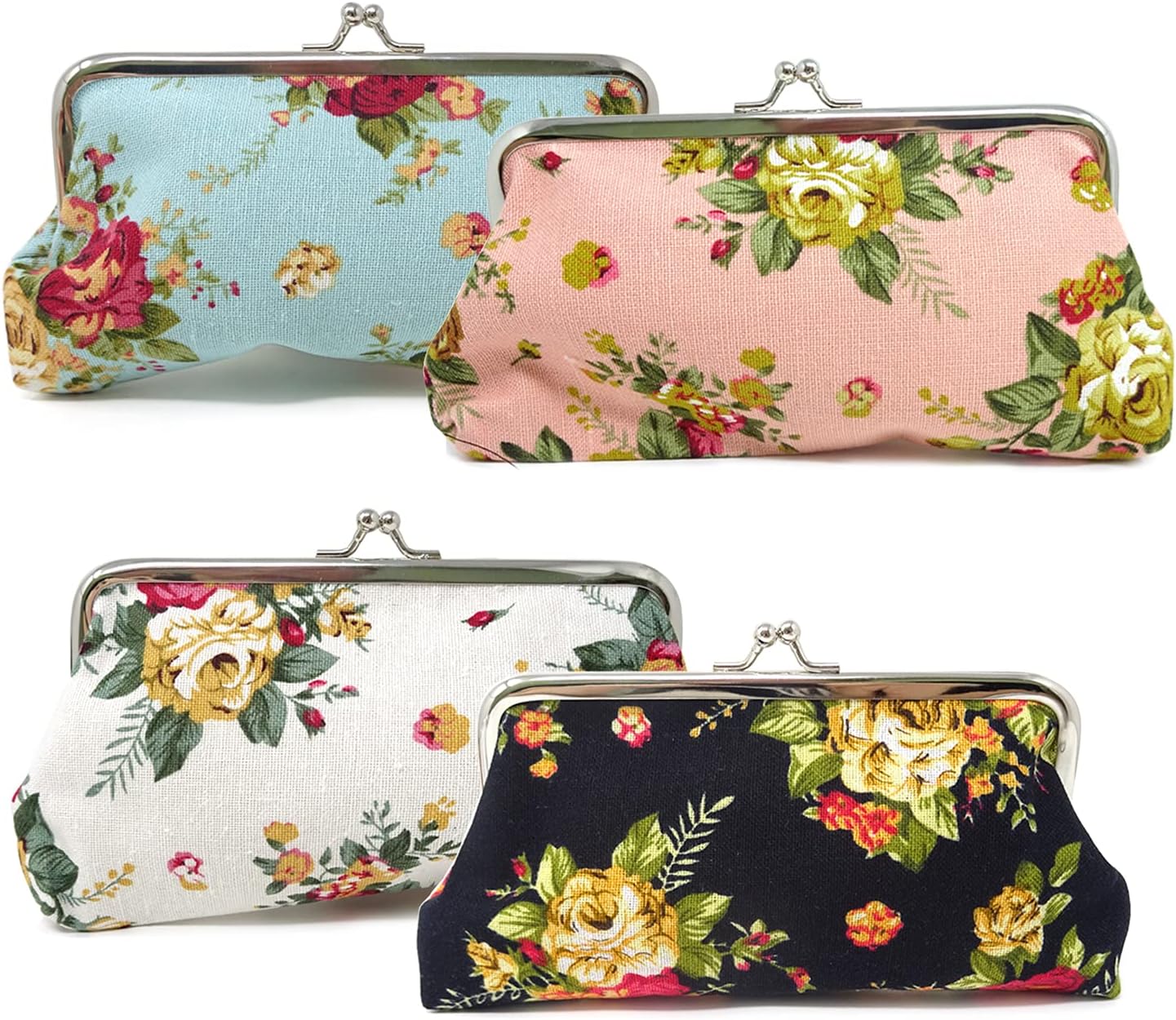 "Honbay 4PCS Canvas Floral Coin Purse, Kiss Lock Change Purse, Vintage Trinkets Pouch, Cell Phone Pouch, Rose Pattern Clasp Closure Wallet, 3.54 x 7.48""(9x19cm)"