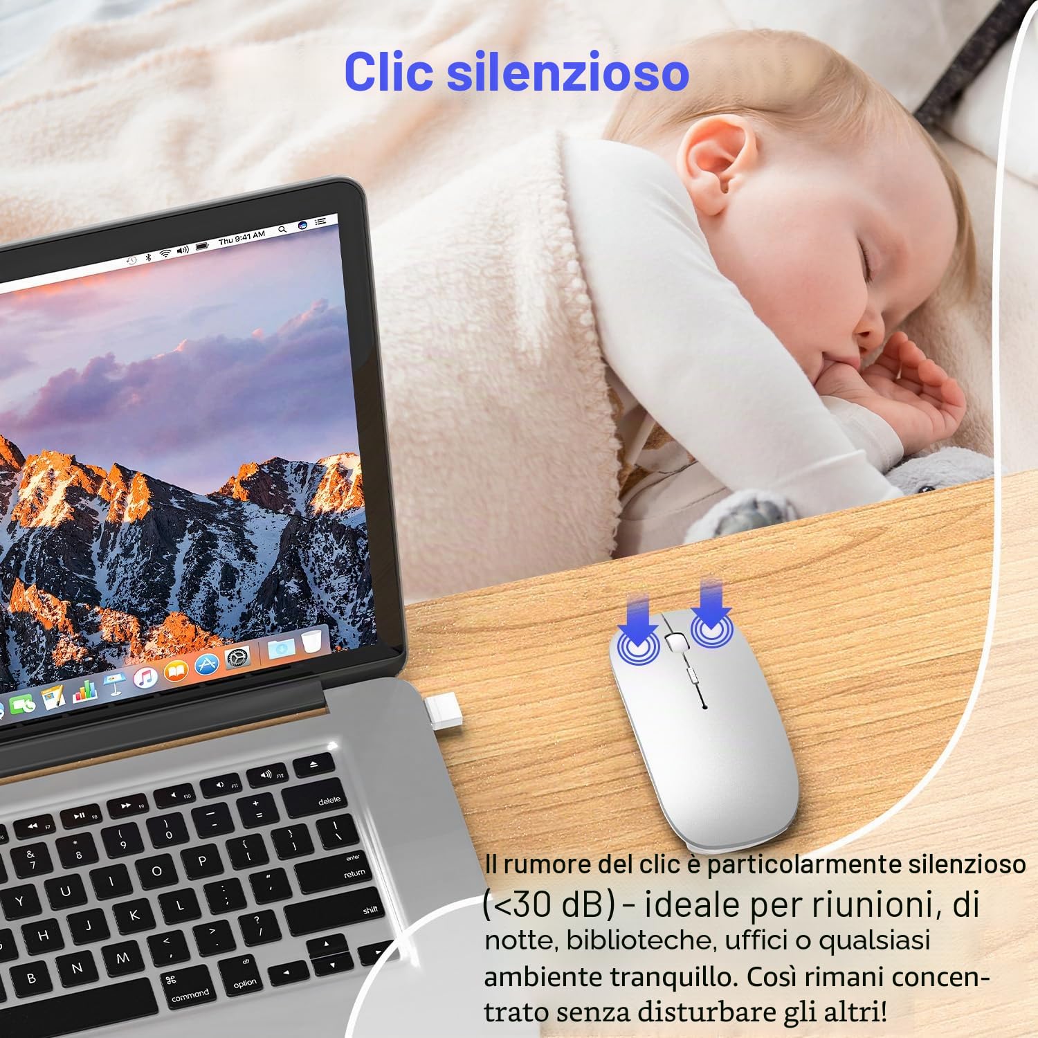 Mouse Wireless Bluetooth 5.2/3.0 + 2.4G USB-A/C – Ricaricabile USB-C, Click Silenzioso, 3 DPI (800/1200/1600), Jiggler Integrato – per iPad, MacBook, Laptop e PC Windows