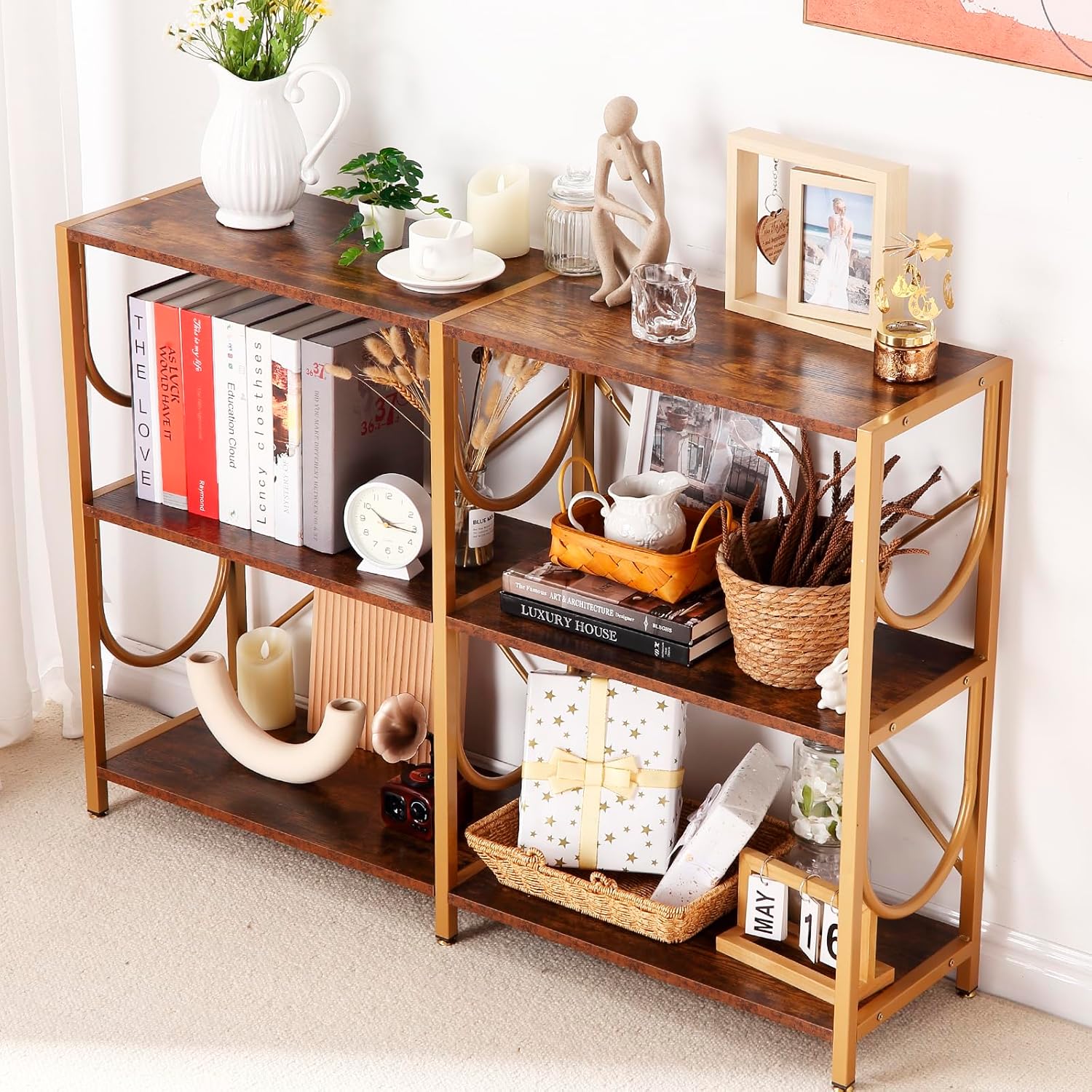 46.5" Rustic Console Table Behind Couch, 3 Tier Sofa Table with Storage Shelves, Modern Entry Table for Foyer Hallway Living Room Bedroom, 3 Shelf Bookshelf, Shoe Rack