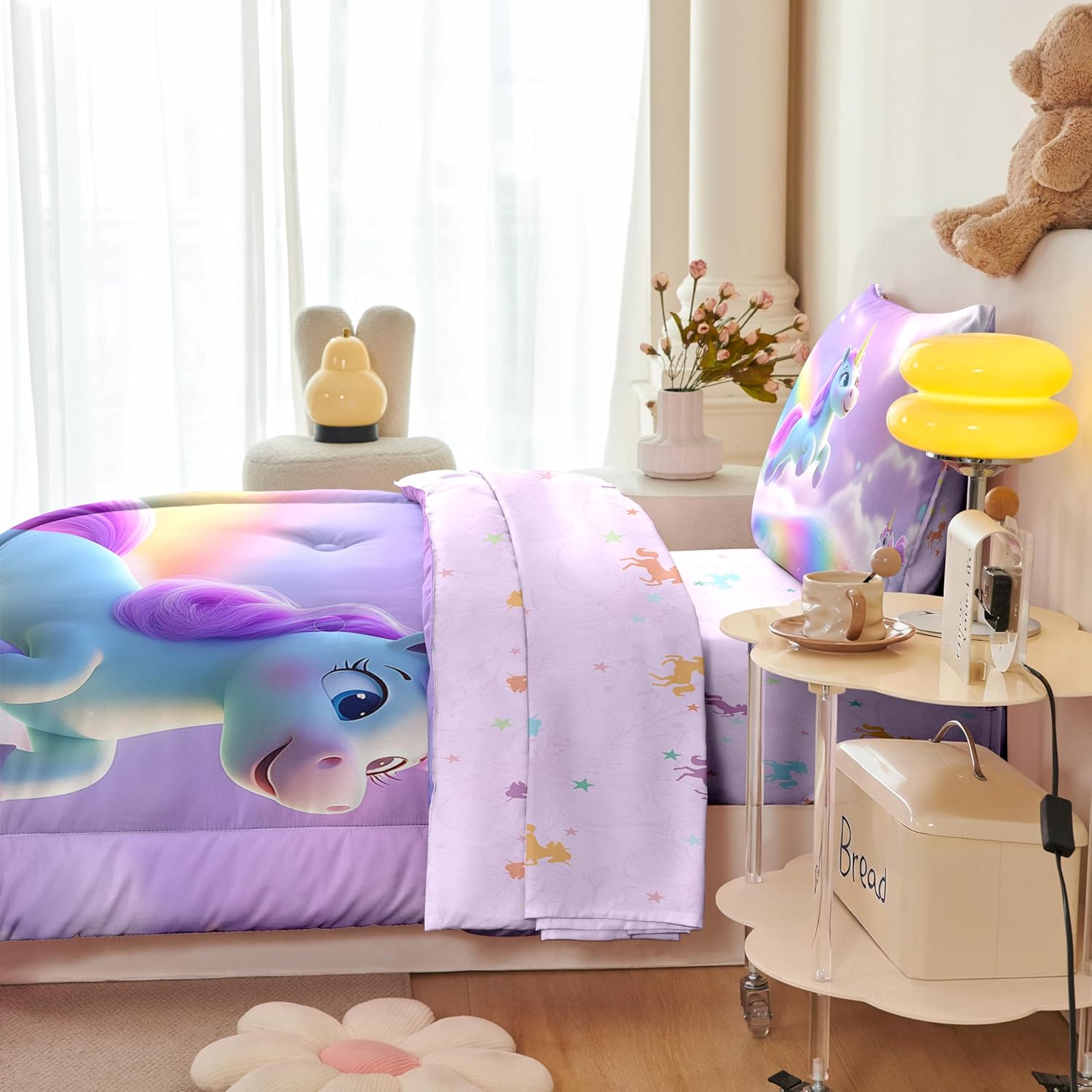 4 Pieces Unicorn Toddler Comforter Sets for Girls,Unicorn Bedding Set,Soft Crib Bed Set Including Comforter, Sheets and Pillowcase,Girls Bed in A Bag(Purple Color)