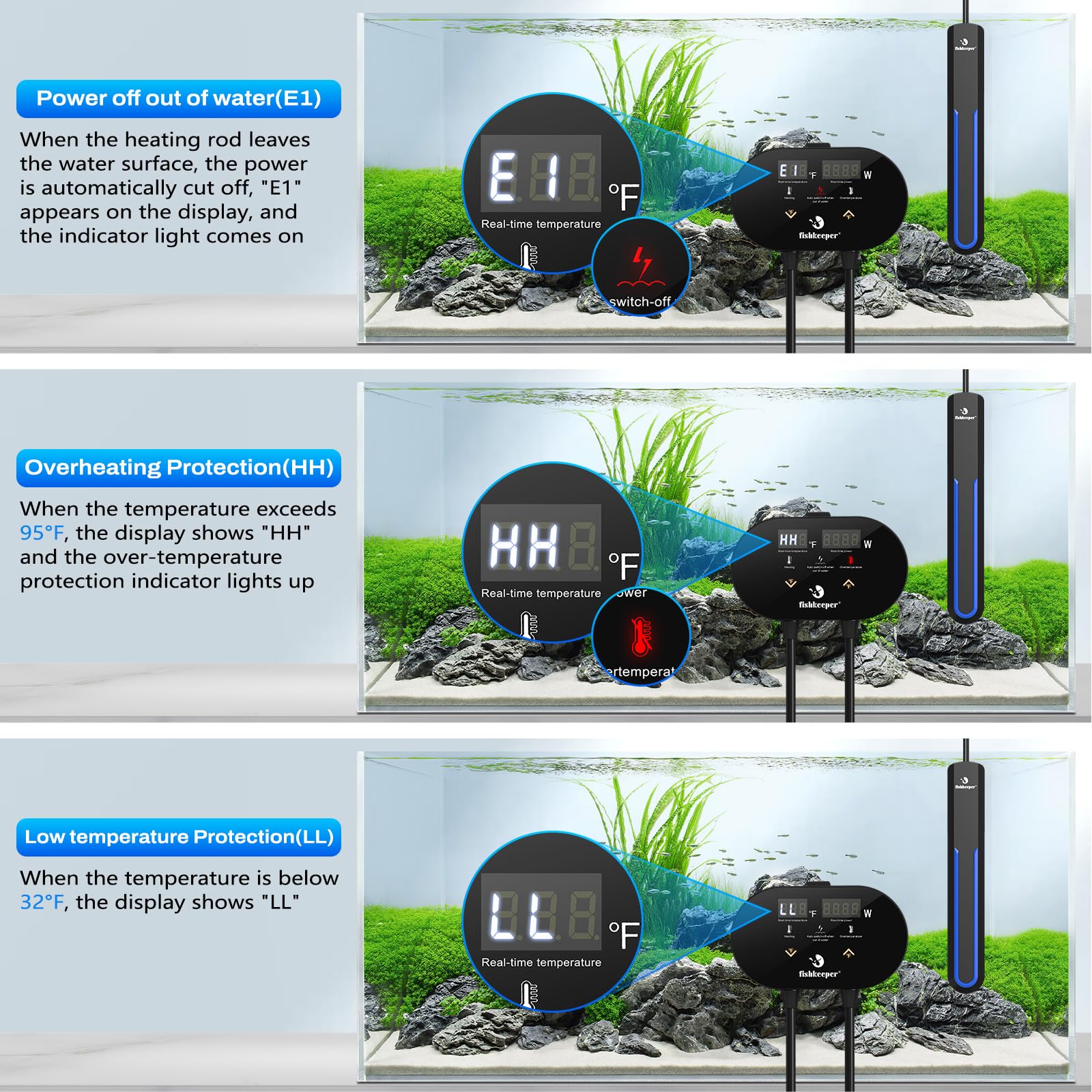 fishkeeper Aquarium-Heizung mit intelligentem LED-Alarm-Temperaturregler, 500 W tauchfähiger Aquarium-Heizstrahler für 180 - 500 Liter, lässt Wasser automatisch aufhören, für Süß- und Salzwasser