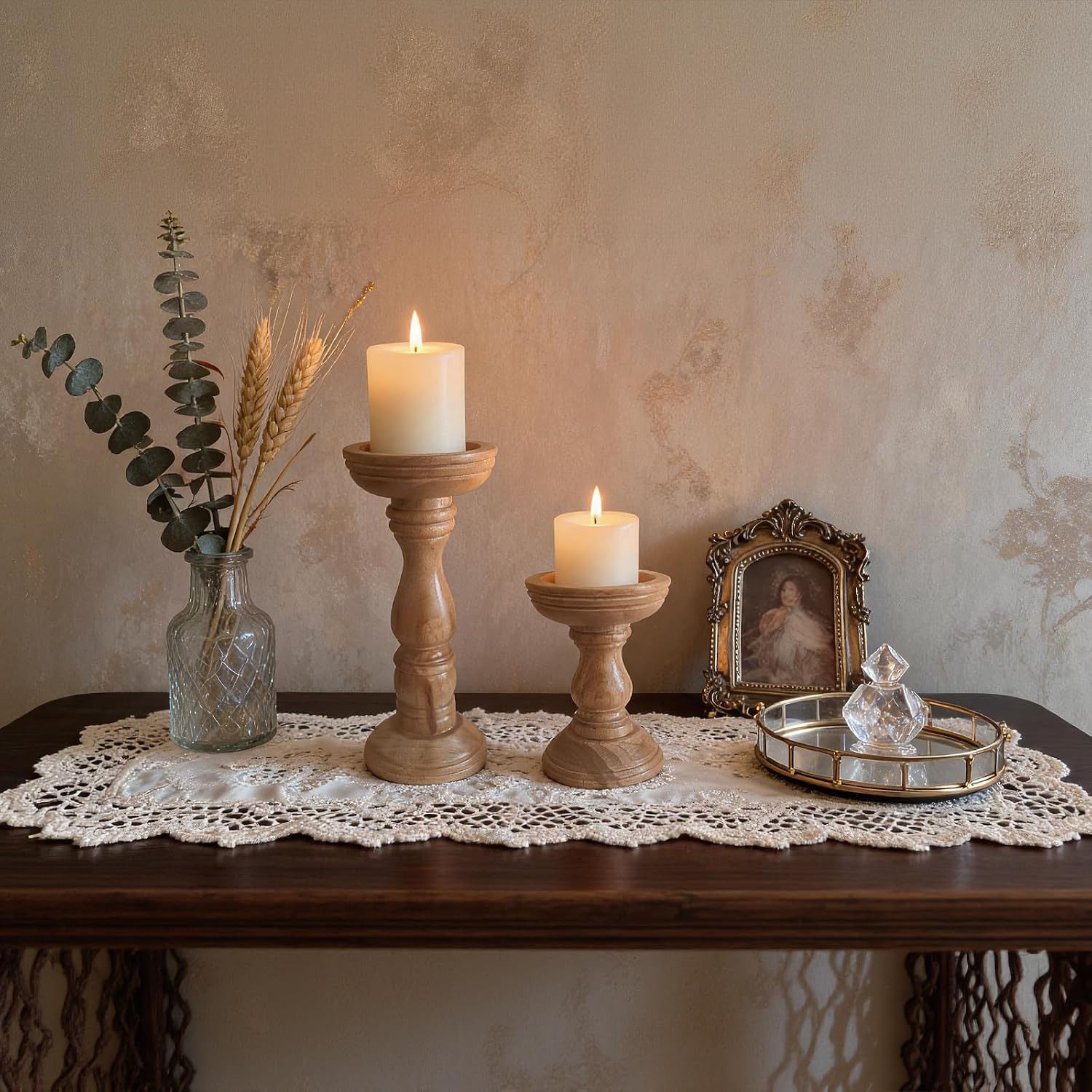 Farmhouse Wood Candle Holders for Pillar Candles Set of 2