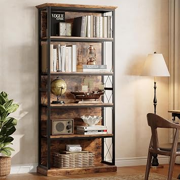 IRONCK 71 Inch Industrial Bookshelf, 5 Tier Tall Bookshelf and Bookcase to Display and Collect, Thicken Wood Rustic Book Shelf with Thicken Metal Frame for Living Room and Bedroom, Rustic Brown