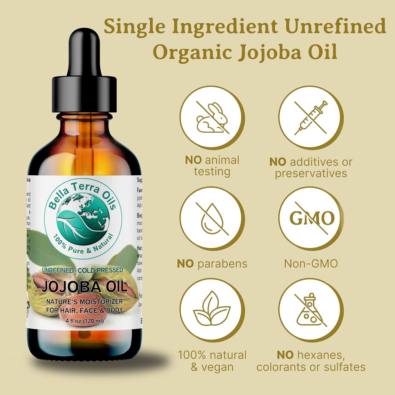 Golden Jojoba Oil – 1 Gallon, Non-Comedogenic with Vitamin E & Natural Fatty Acids for Hair & Skin. Bella Terra Oils