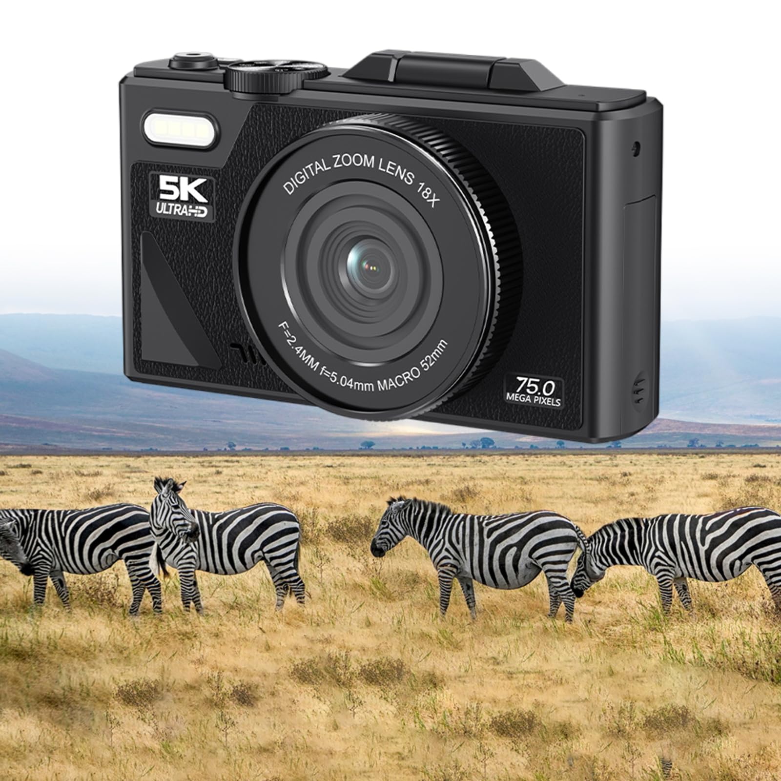EMEBAY Fotocamera Digitale, Compatta 5K 75MP con scheda da 64 GB | Fotocamere selfie per fotografia, zoom 18X/videocamera Vlog/schermo flip da 3 pollici/anti-shake, videocamera