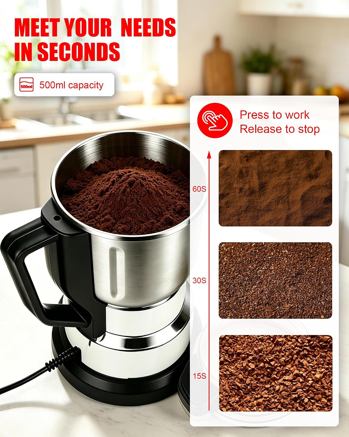 Electric Grain Mill Grinder - 304 Stainless Steel Flour Mill Grinder for Home Fit for Grinding Wheat for Grinding Wheat, Corn, Oats, Millet, Coffee Beans 500g